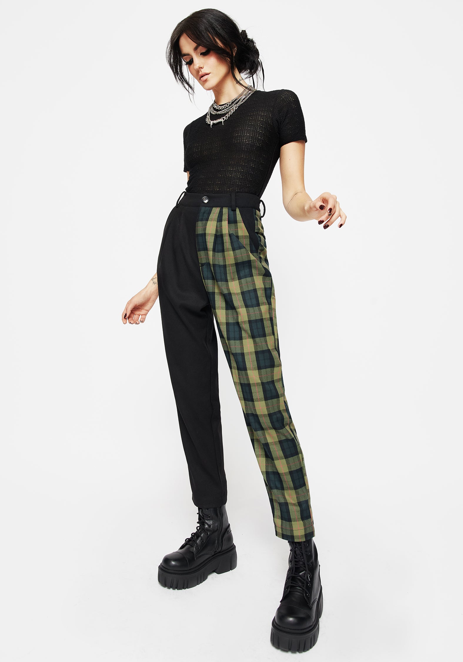 High Waist Check Tapered Trousers with Spliced Design | Mayflower