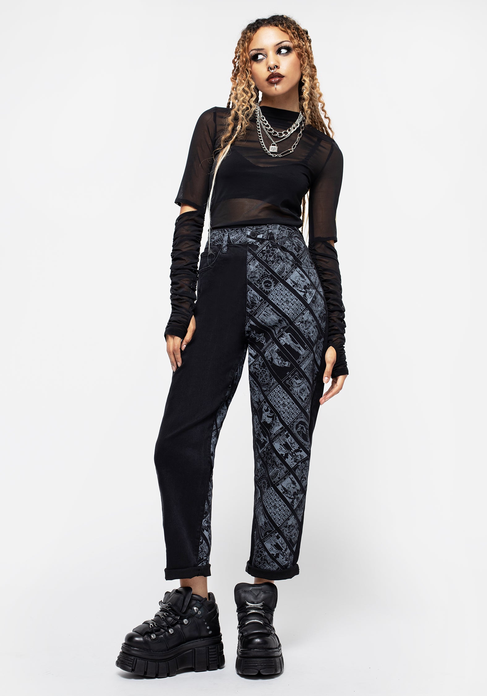 Black Tarot Print Mom Jeans | High-Rise Tapered Denim