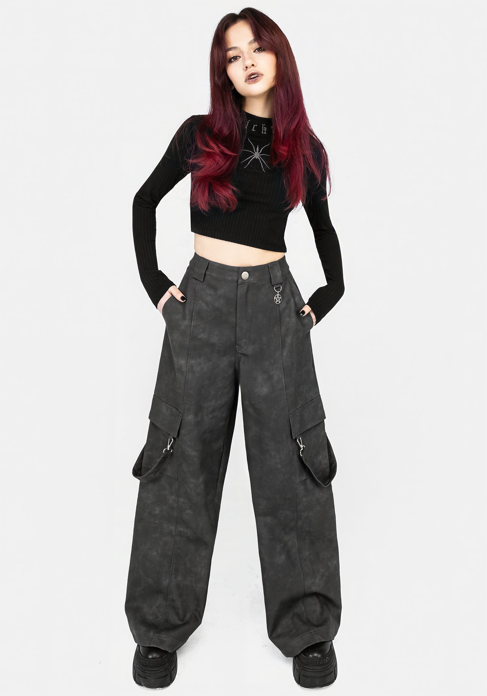 Faux Leather Cargo Pants with Silver Charm & Hexagram Embroidery | Saturn
