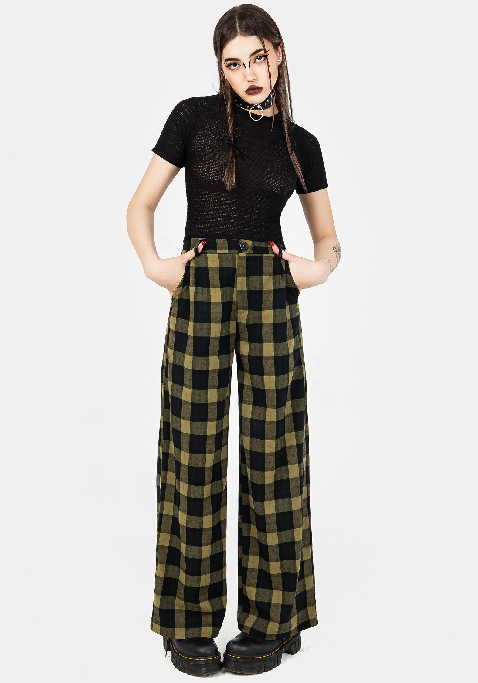Green Check Wide Leg Trousers with High-Rise Waist | Rapture