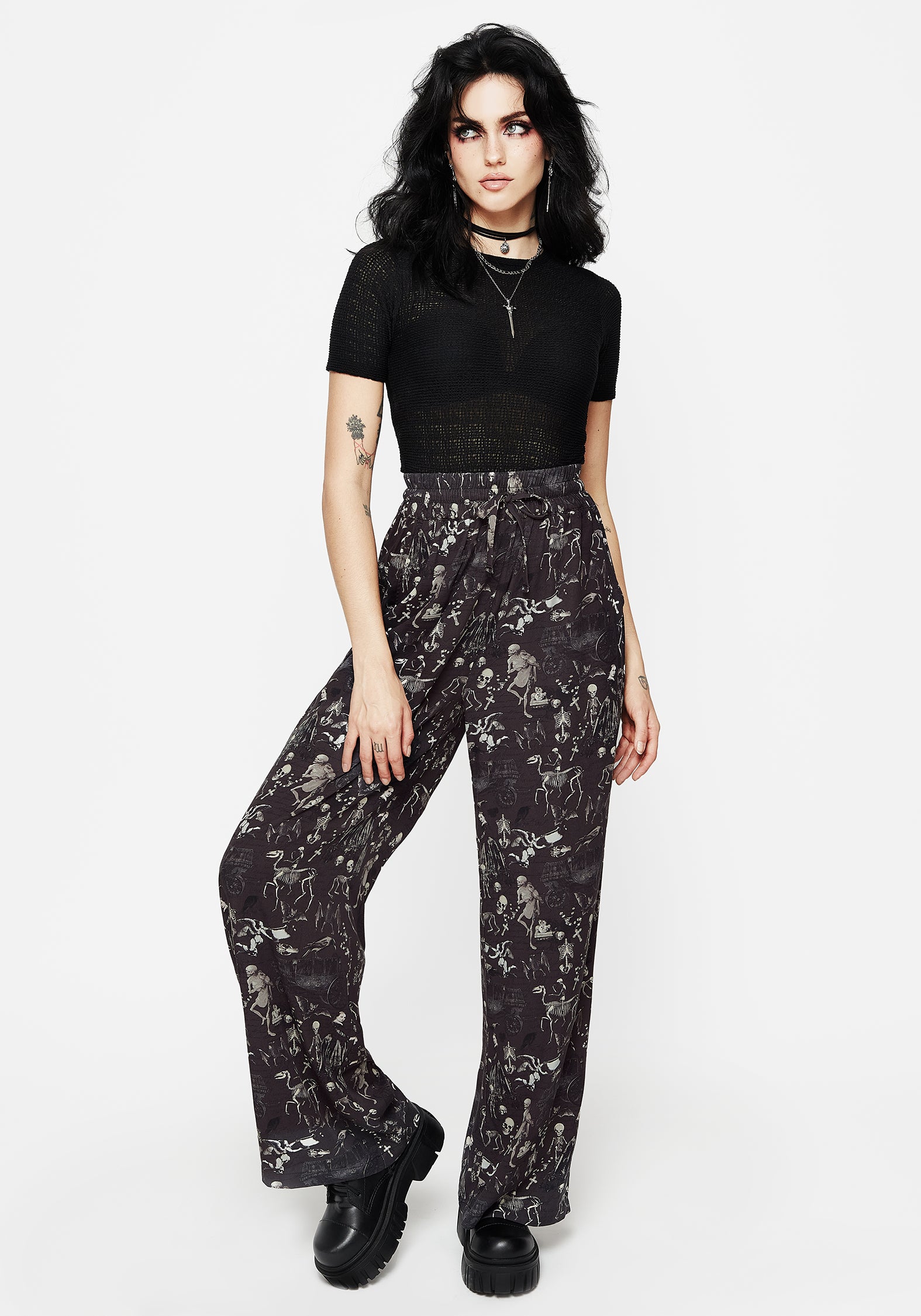 Gothic Victorian Print Wide Leg Trousers with Elastic Waist | Melancholia