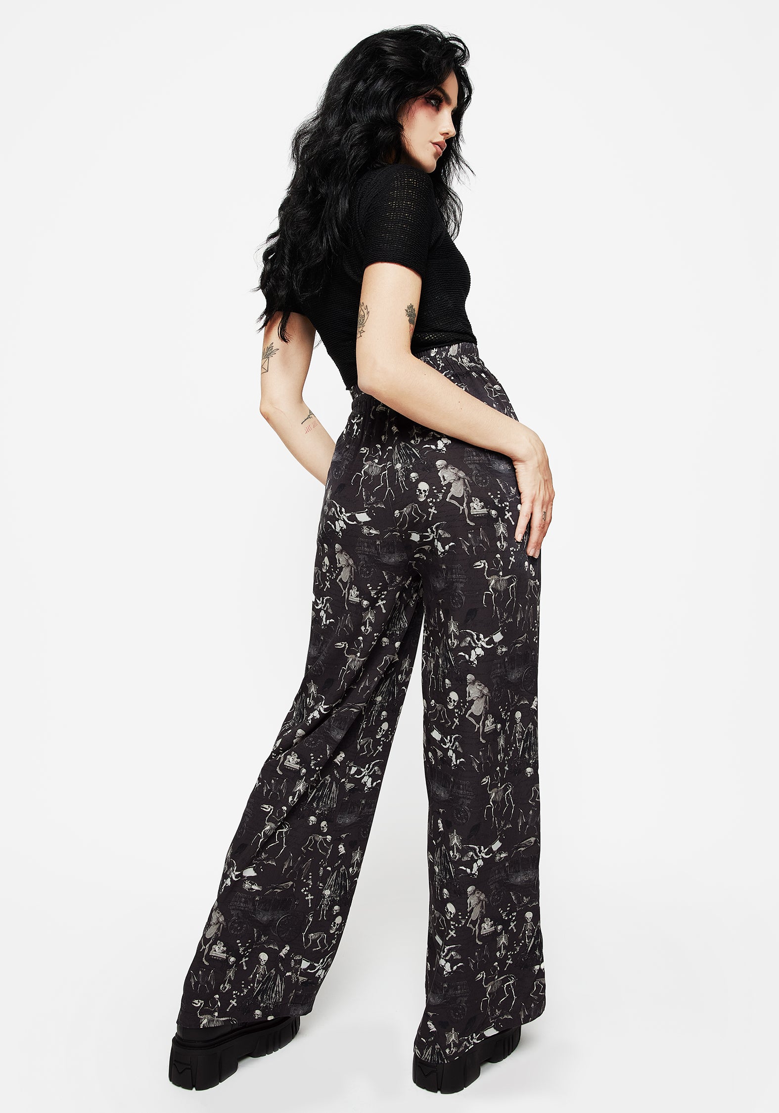 Gothic Victorian Print Wide Leg Trousers with Elastic Waist | Melancholia