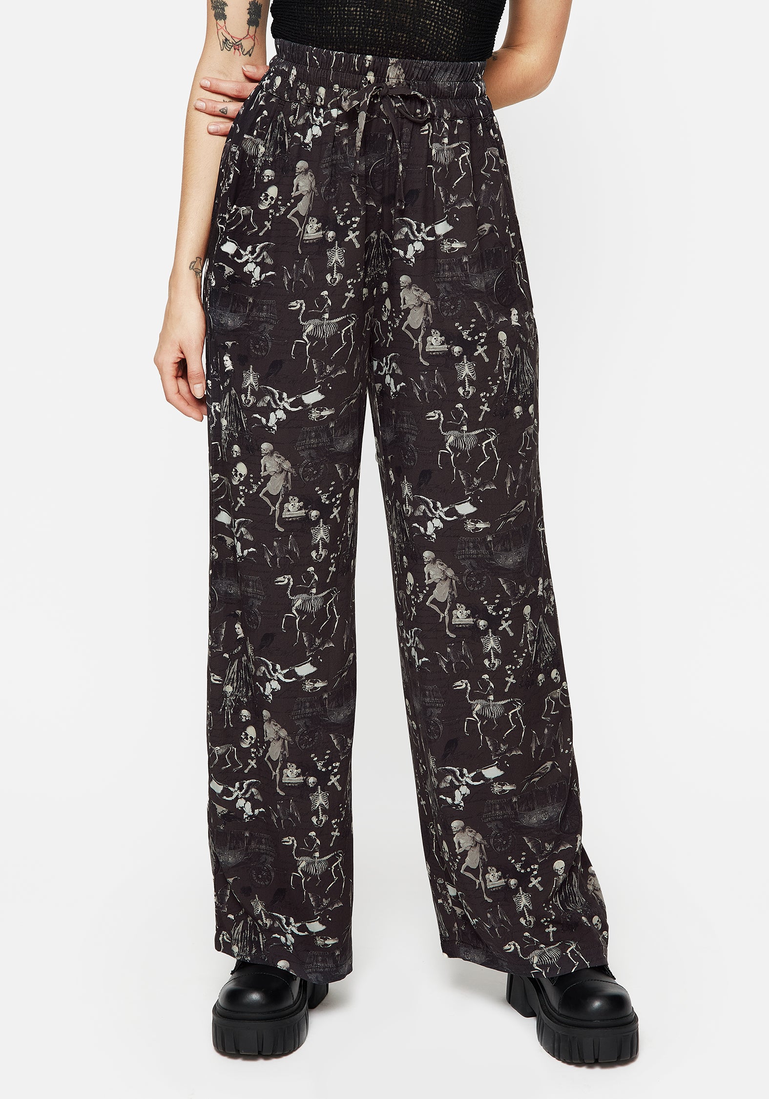 Gothic Victorian Print Wide Leg Trousers with Elastic Waist | Melancholia