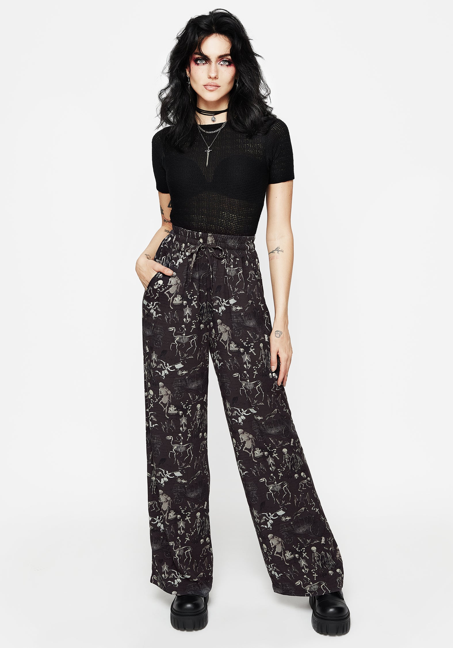 Gothic Victorian Print Wide Leg Trousers with Elastic Waist | Melancholia