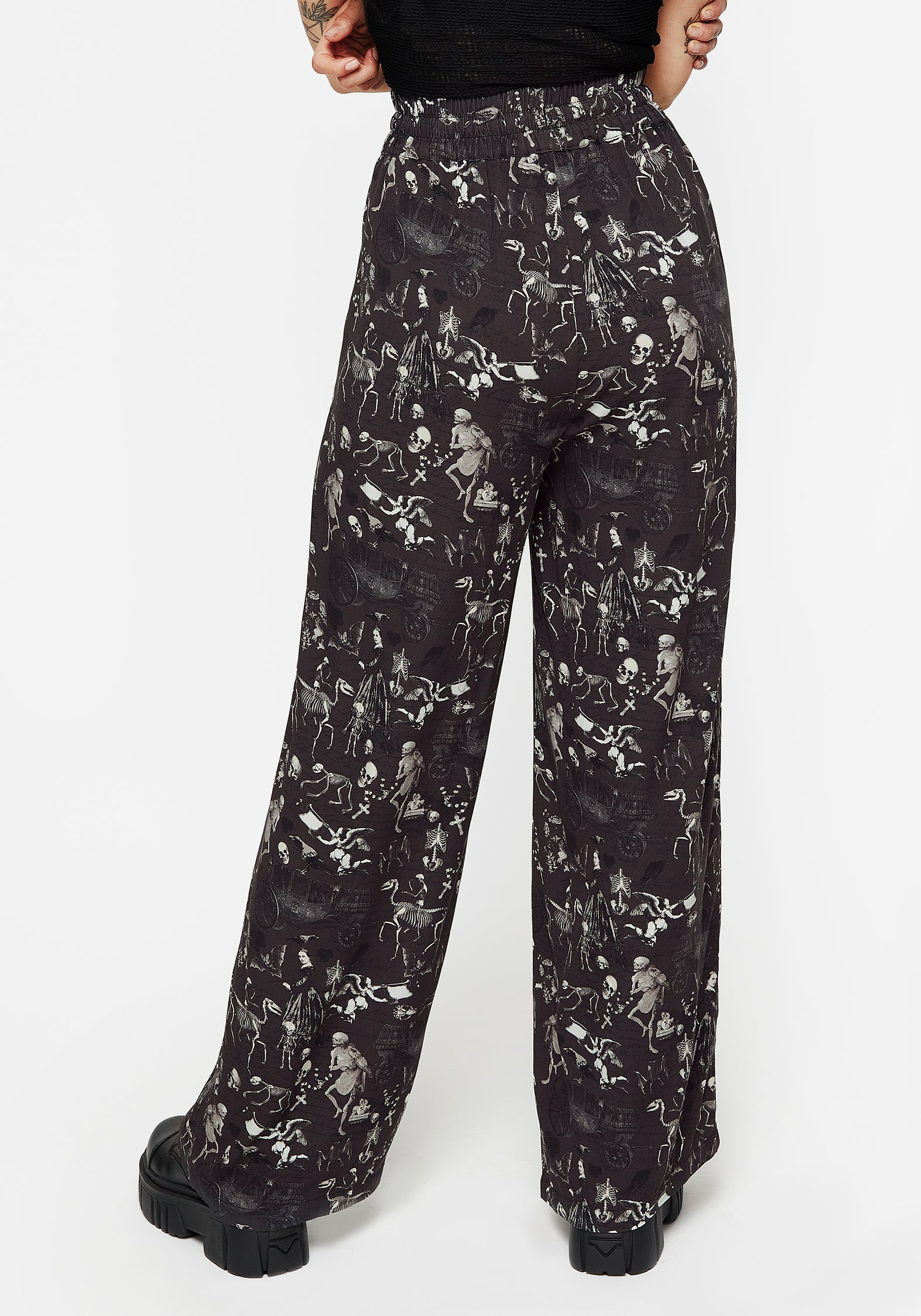 Gothic Victorian Print Wide Leg Trousers with Elastic Waist | Melancholia