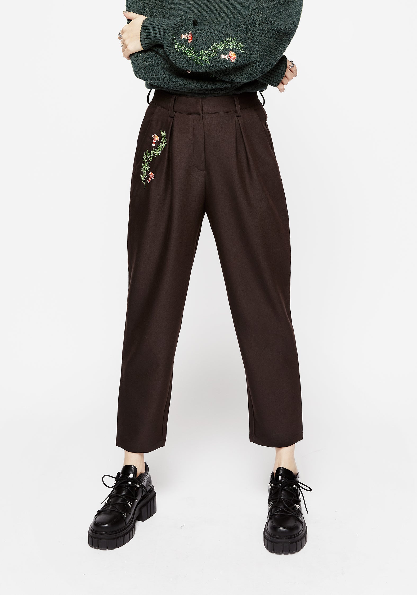 Brown Embroidered Tapered Trousers with High-Rise Fit | Fable