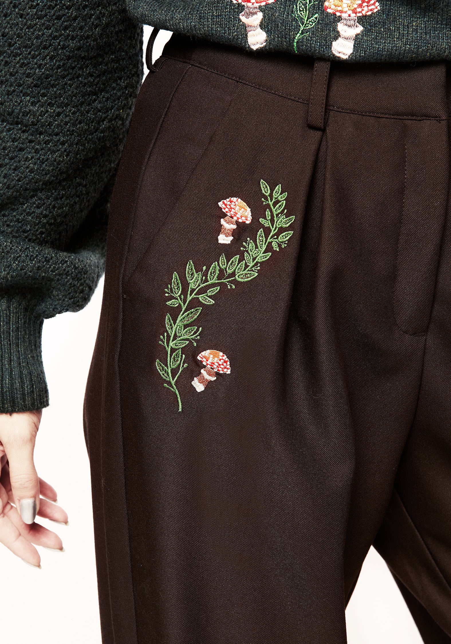 Brown Embroidered Tapered Trousers with High-Rise Fit | Fable