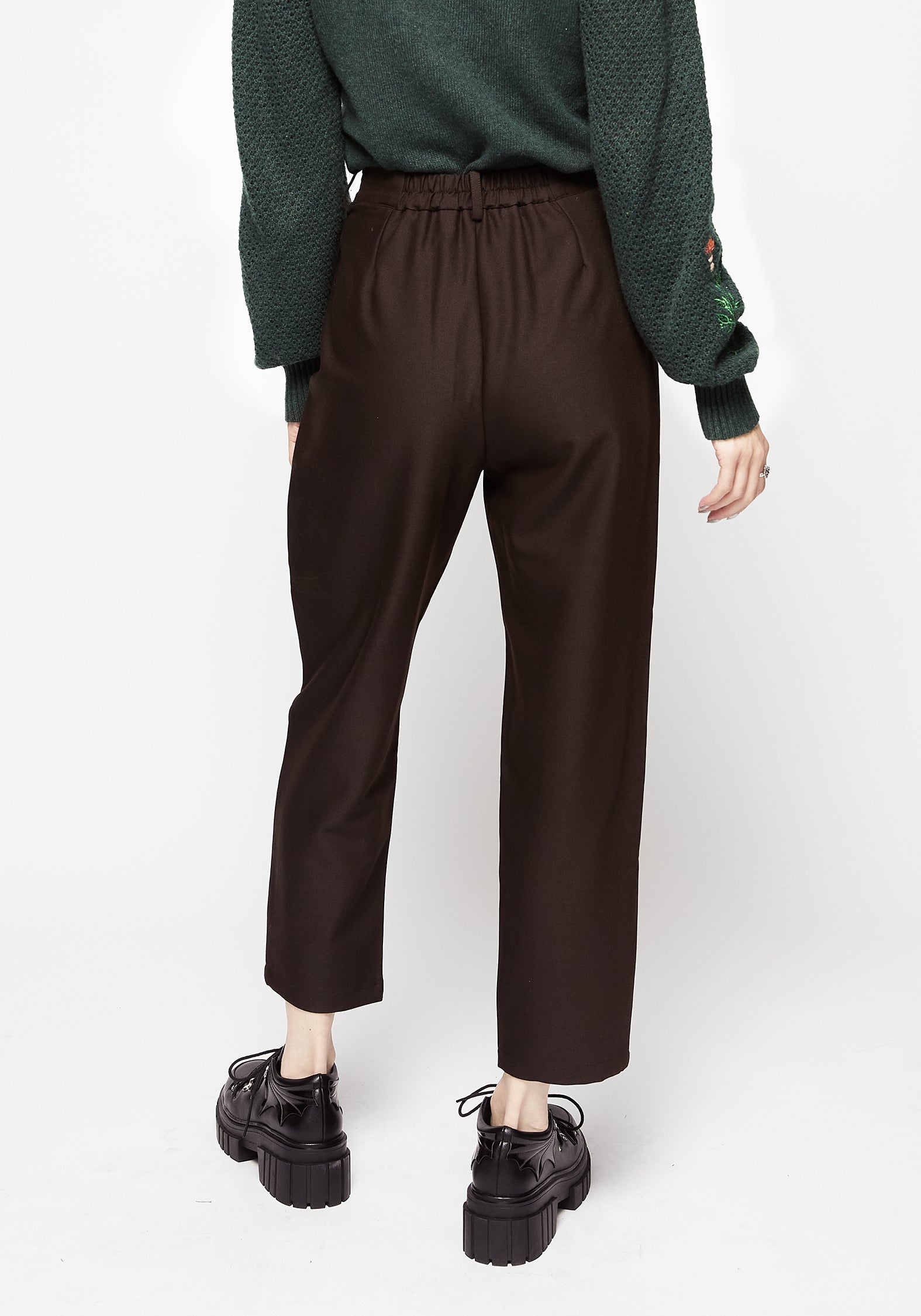Brown Embroidered Tapered Trousers with High-Rise Fit | Fable