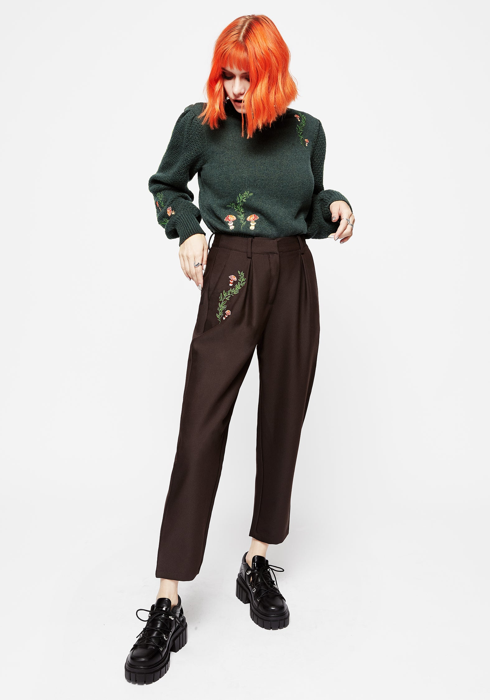 Brown Embroidered Tapered Trousers with High-Rise Fit | Fable
