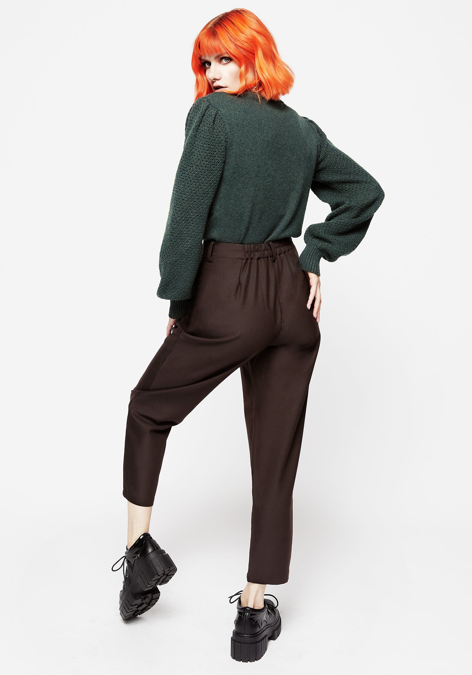 Brown Embroidered Tapered Trousers with High-Rise Fit | Fable