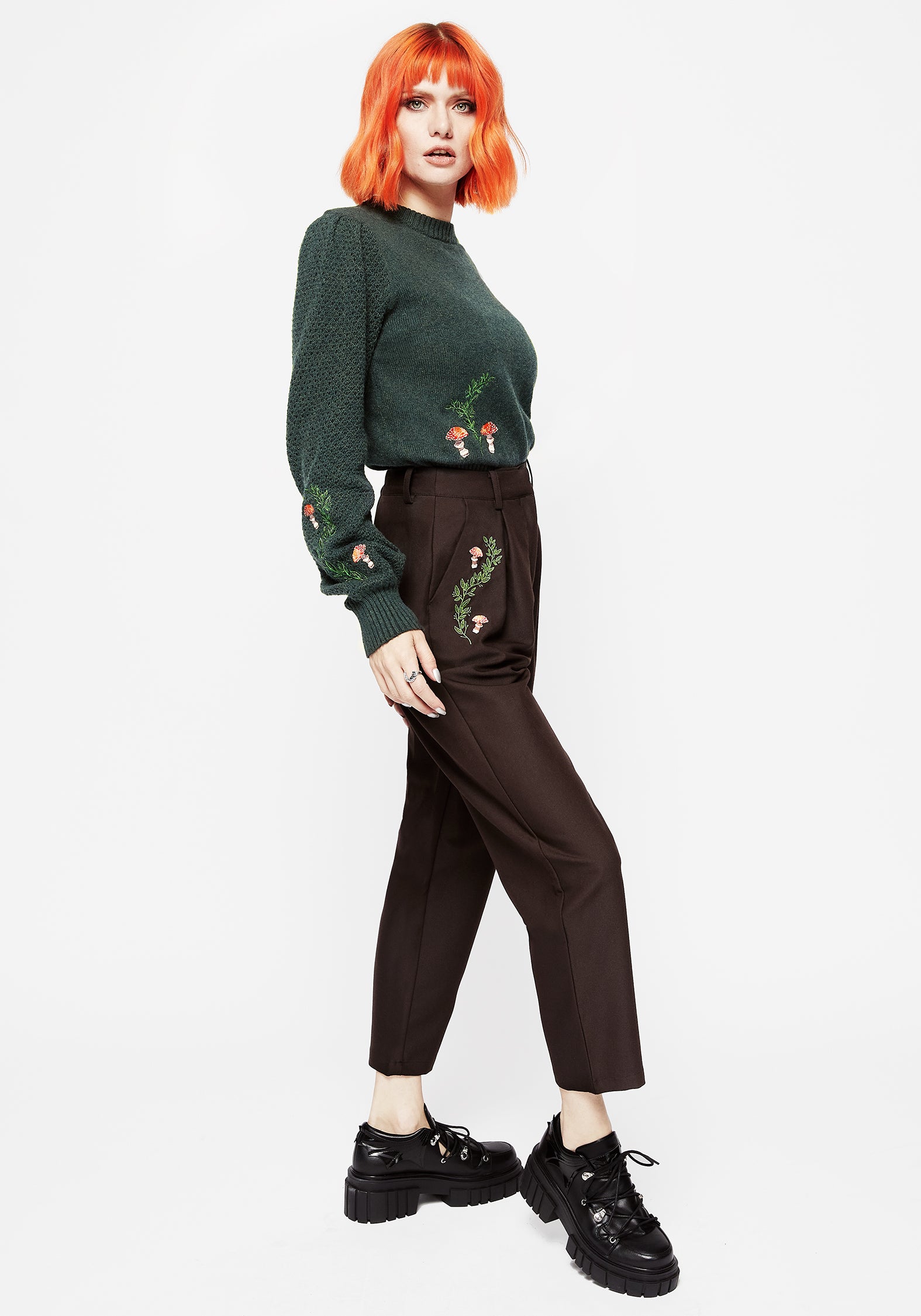 Brown Embroidered Tapered Trousers with High-Rise Fit | Fable