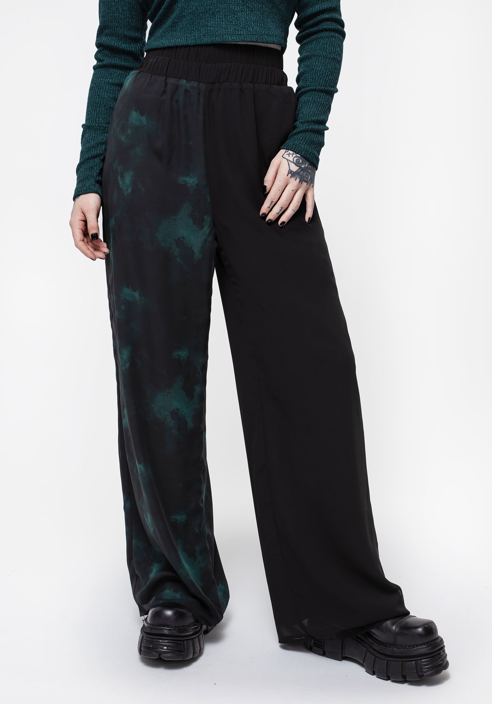 Green & Black Chiffon Palazzo Pants with Wide Leg & Elastic Waist