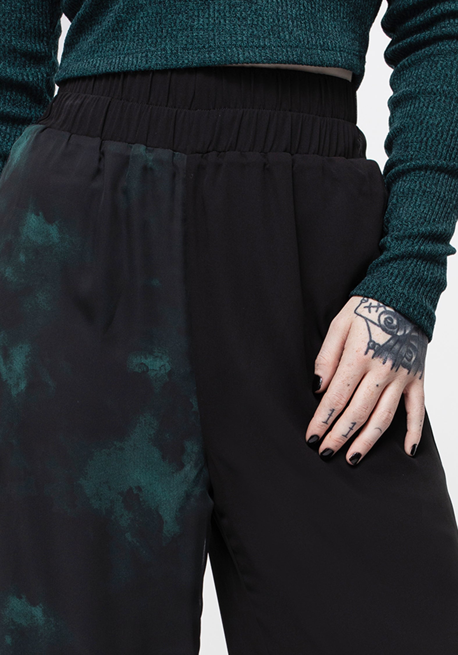 Green & Black Chiffon Palazzo Pants with Wide Leg & Elastic Waist