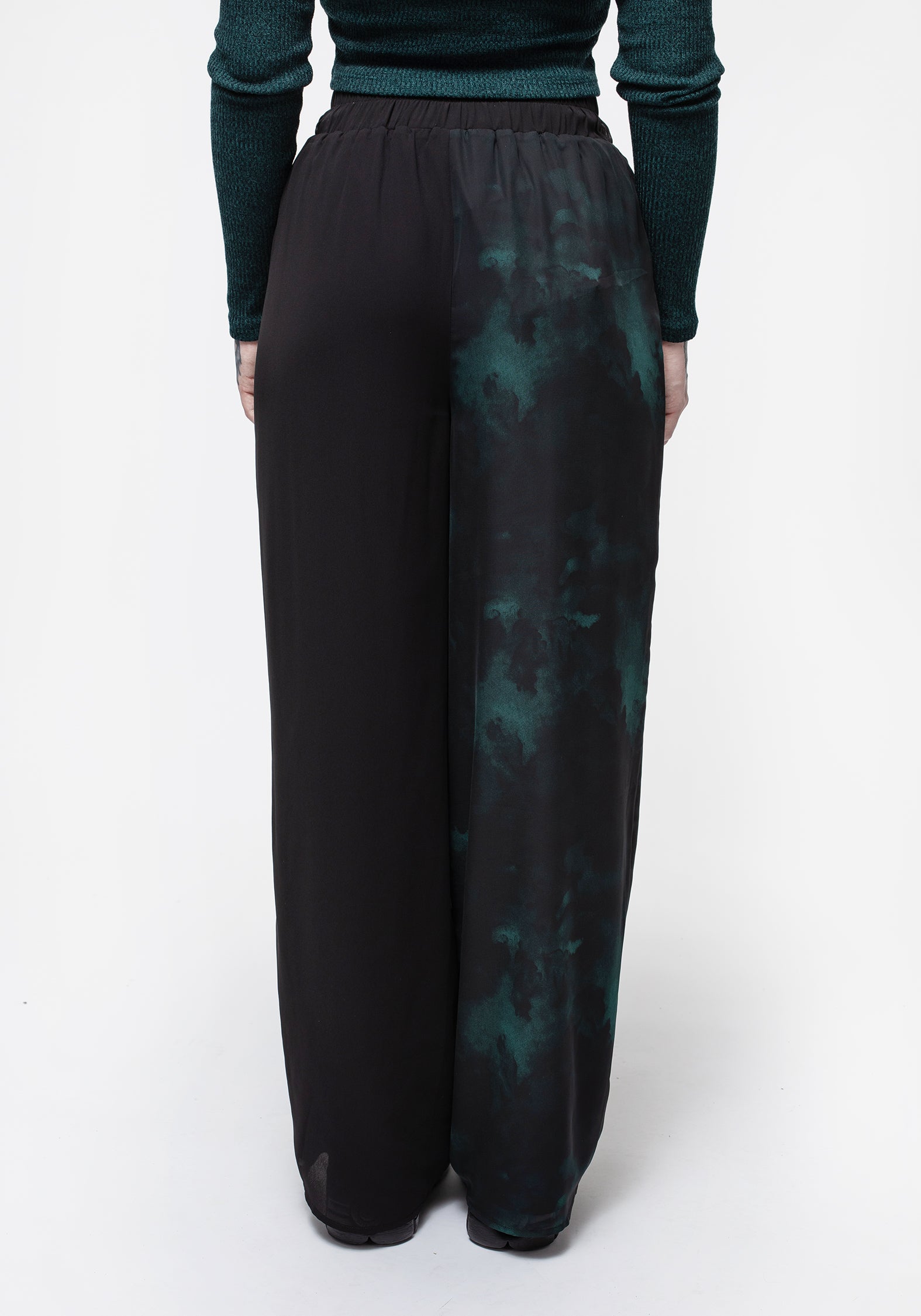 Green & Black Chiffon Palazzo Pants with Wide Leg & Elastic Waist