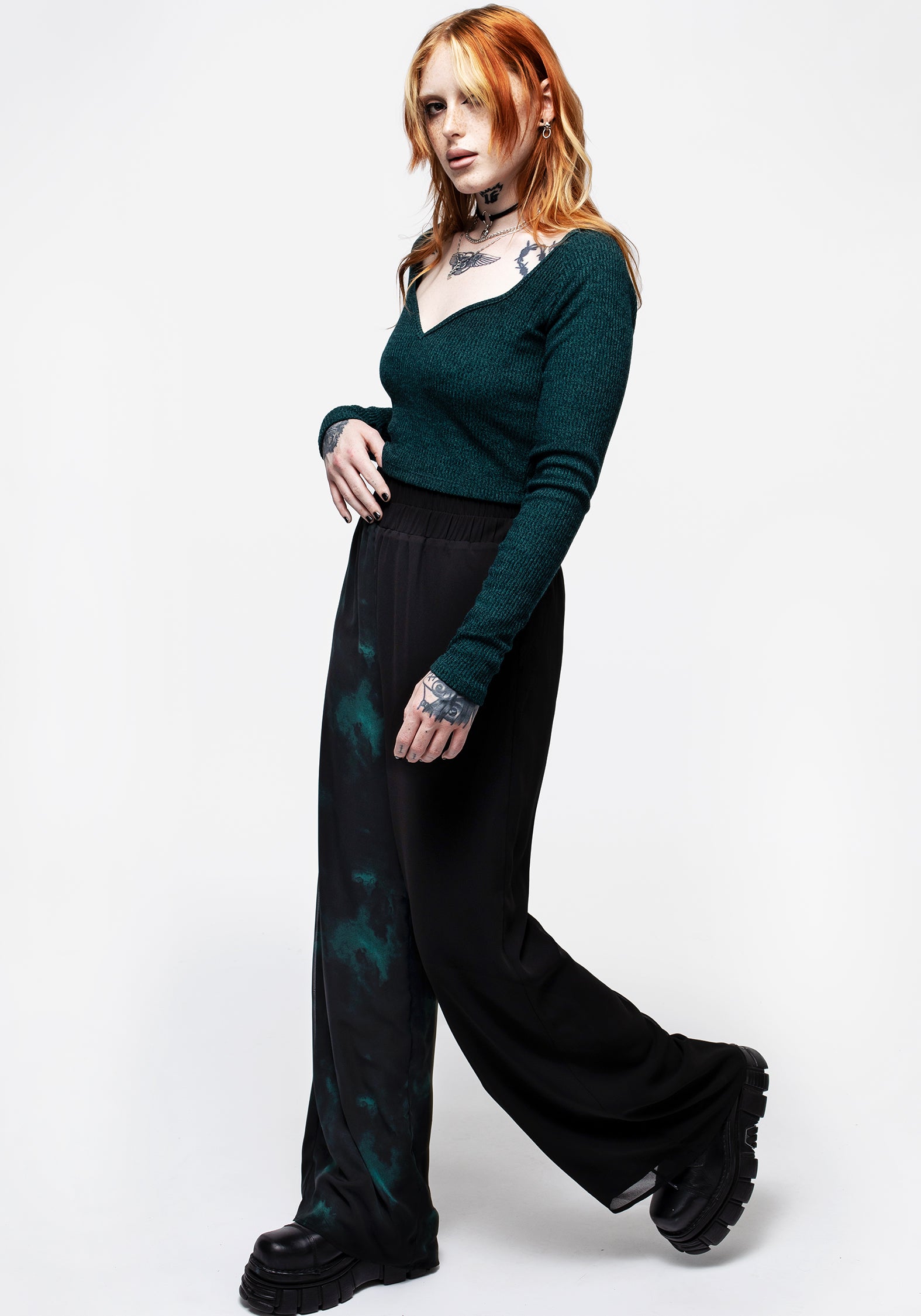 Green & Black Chiffon Palazzo Pants with Wide Leg & Elastic Waist