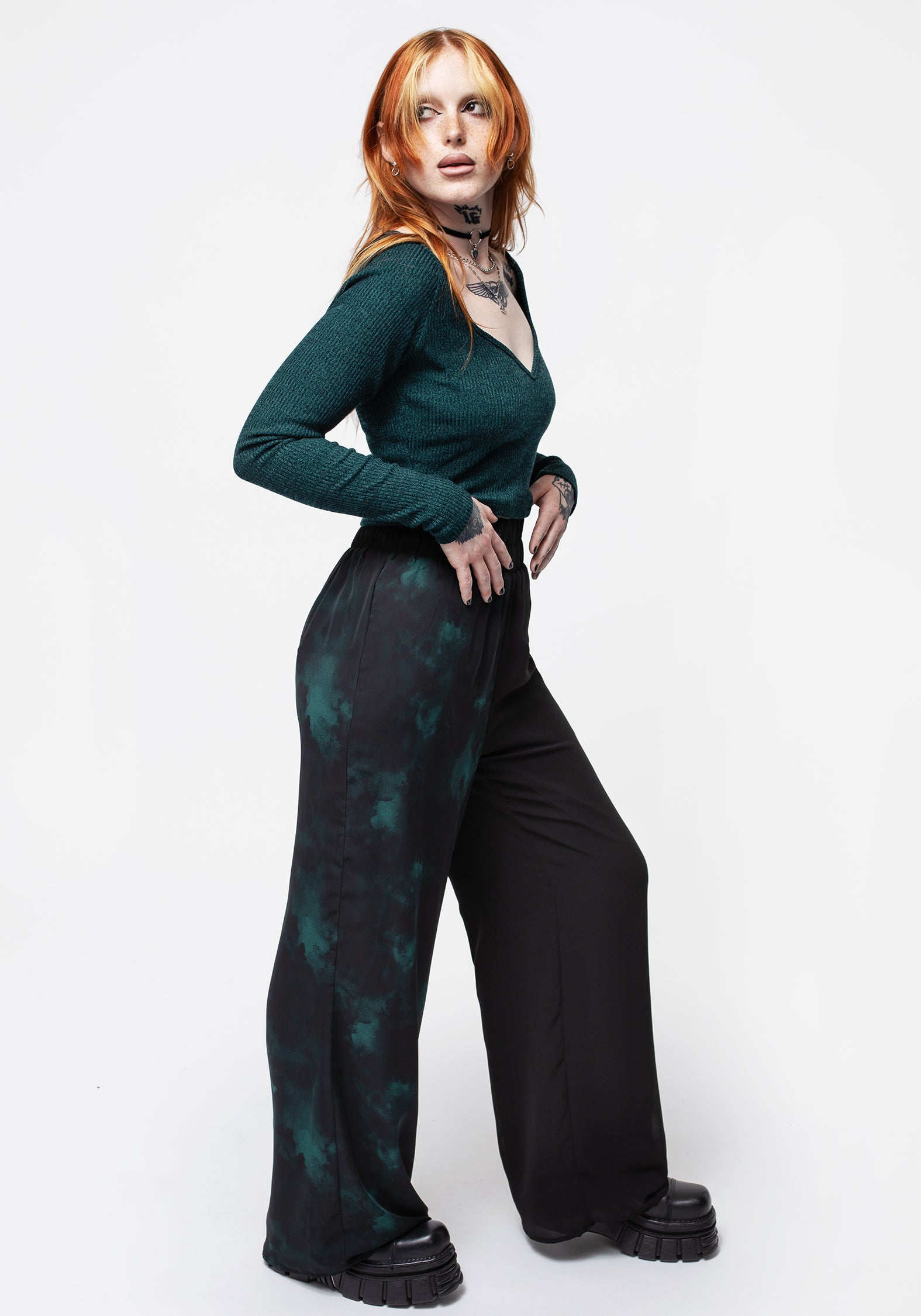 Green & Black Chiffon Palazzo Pants with Wide Leg & Elastic Waist