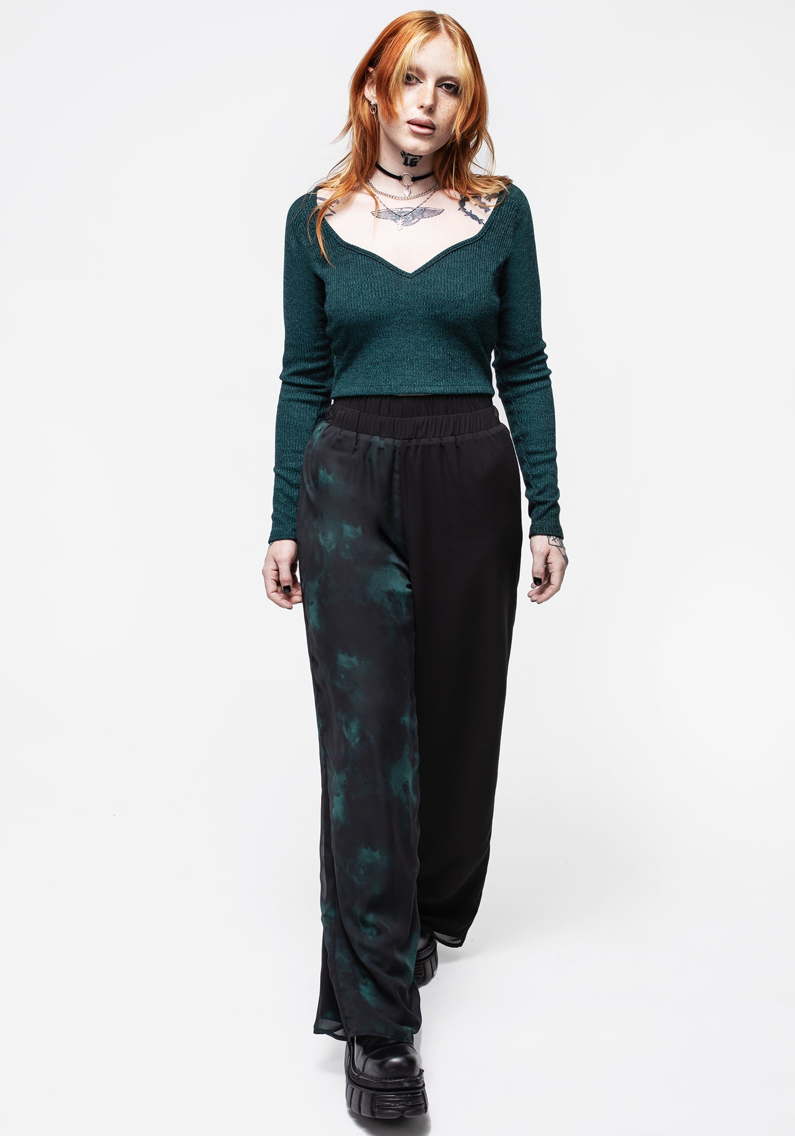 Green & Black Chiffon Palazzo Pants with Wide Leg & Elastic Waist
