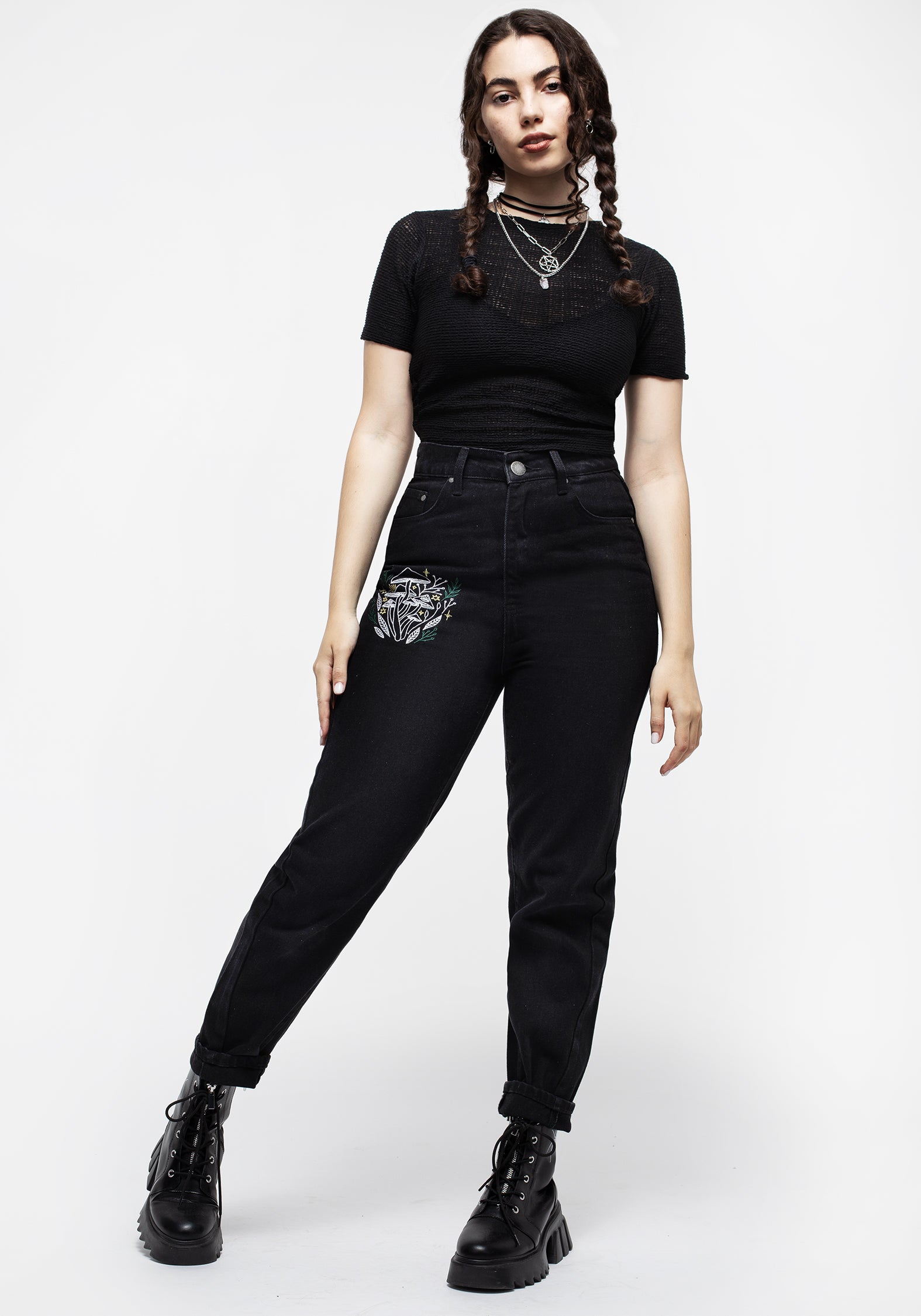 Black Denim Mom Jeans with Mushroom Embroidery | High-Waisted & Relaxed Fit