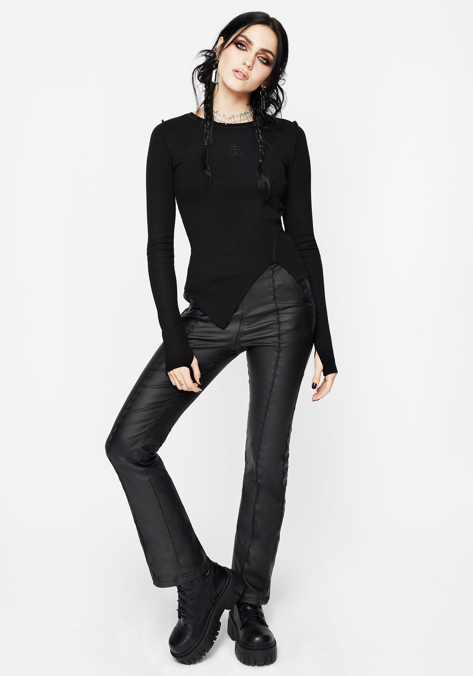 Black Leather-Look Flare Pants with High-Rise Fit | Bane