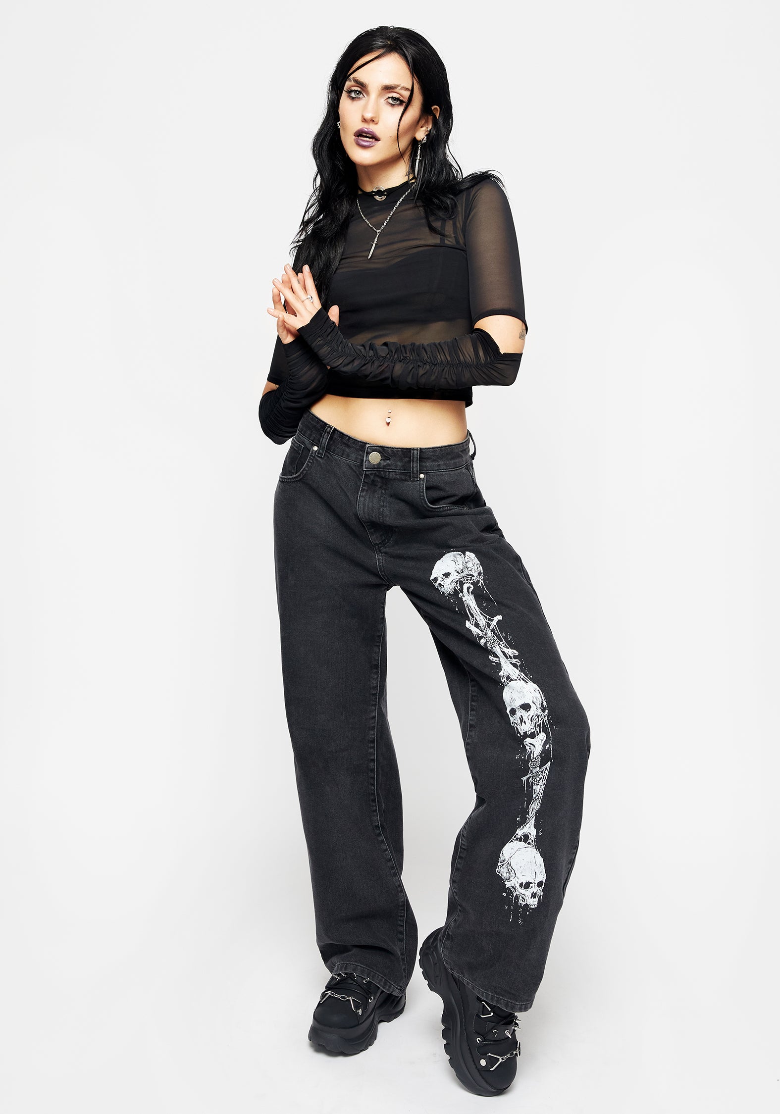 Black Washed Wide Leg Jeans with Grim Reaper Print | Reaper Denim