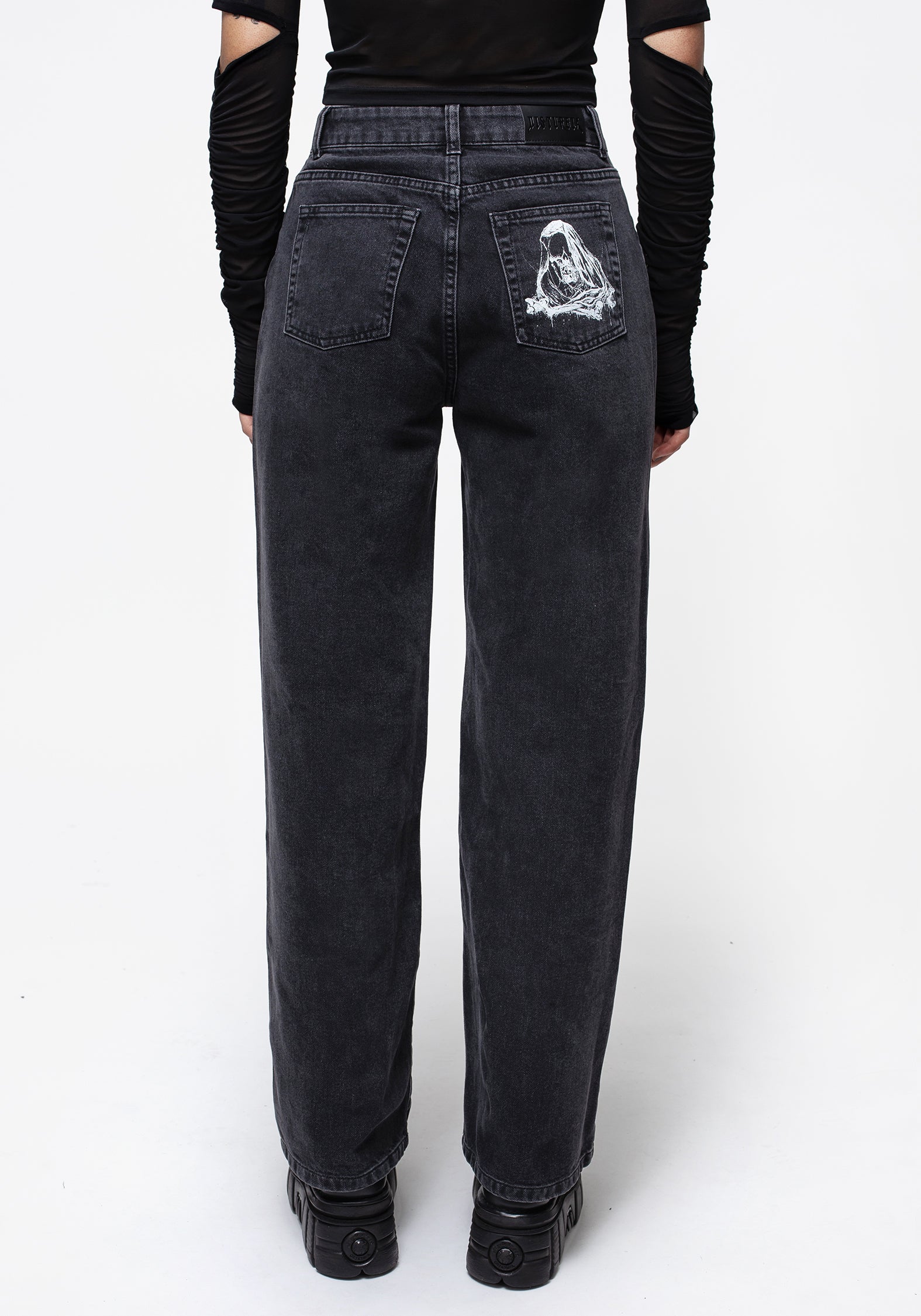 Black Washed Wide Leg Jeans with Grim Reaper Print | Reaper Denim