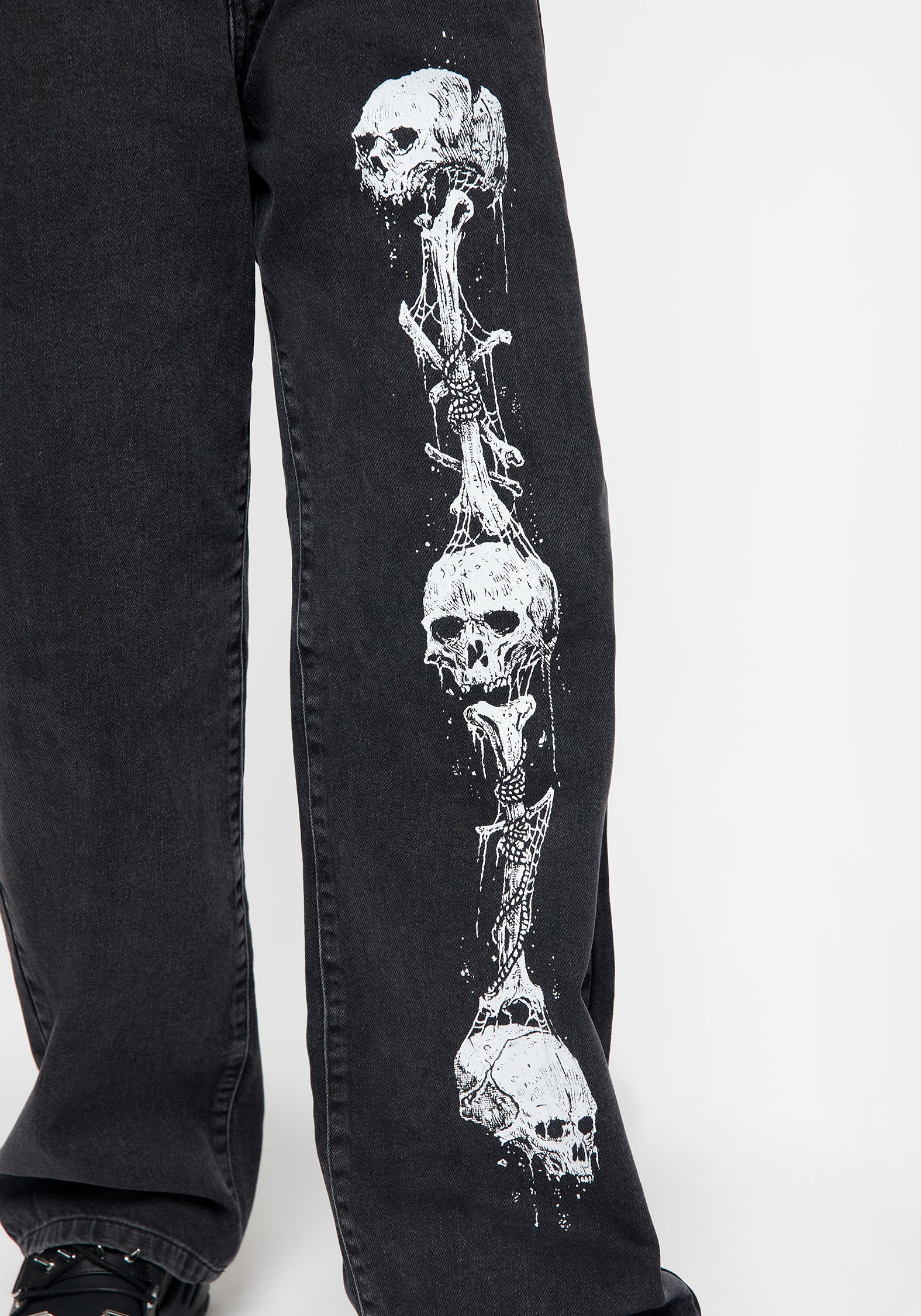 Black Washed Wide Leg Jeans with Grim Reaper Print | Reaper Denim