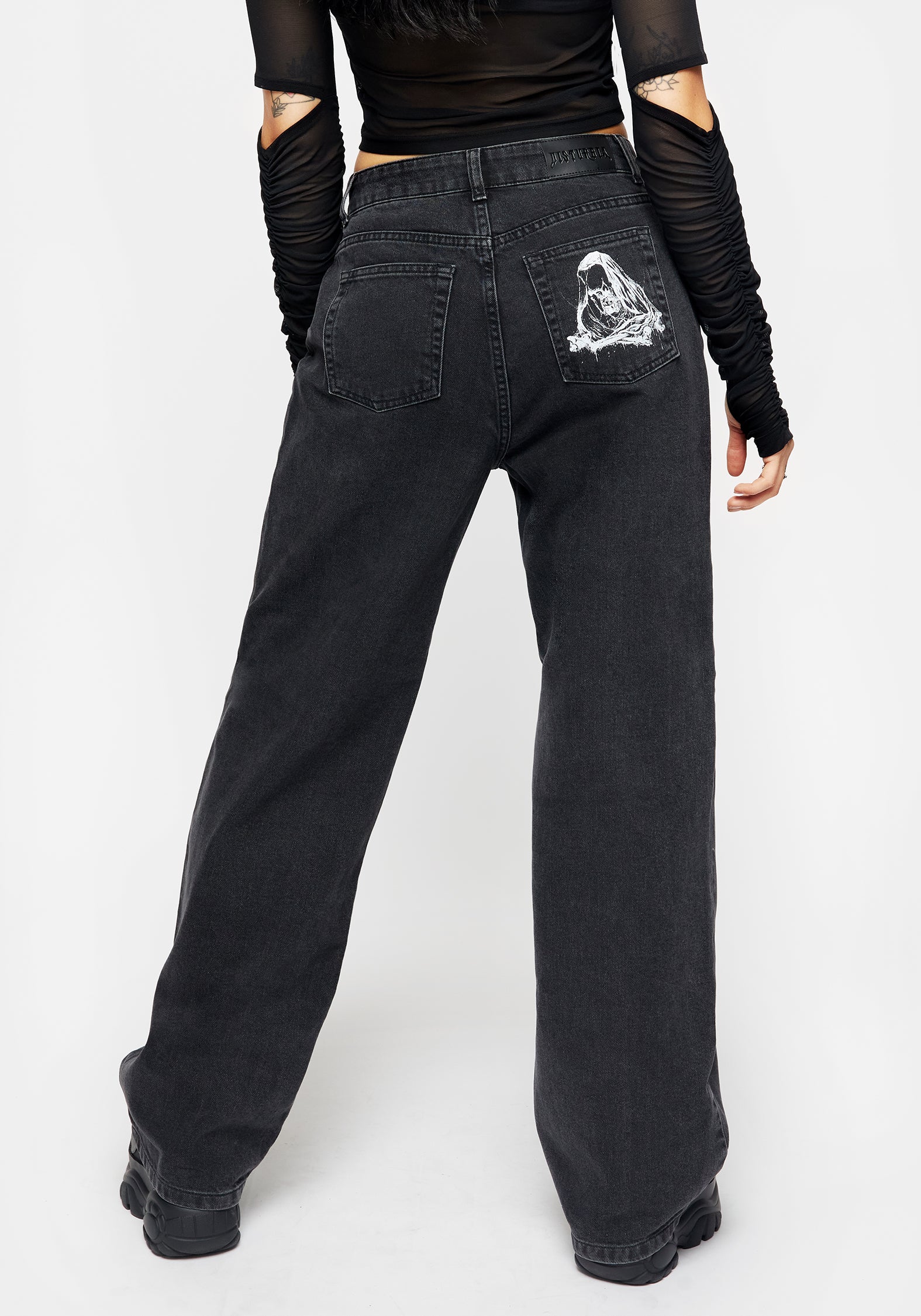 Black Washed Wide Leg Jeans with Grim Reaper Print | Reaper Denim