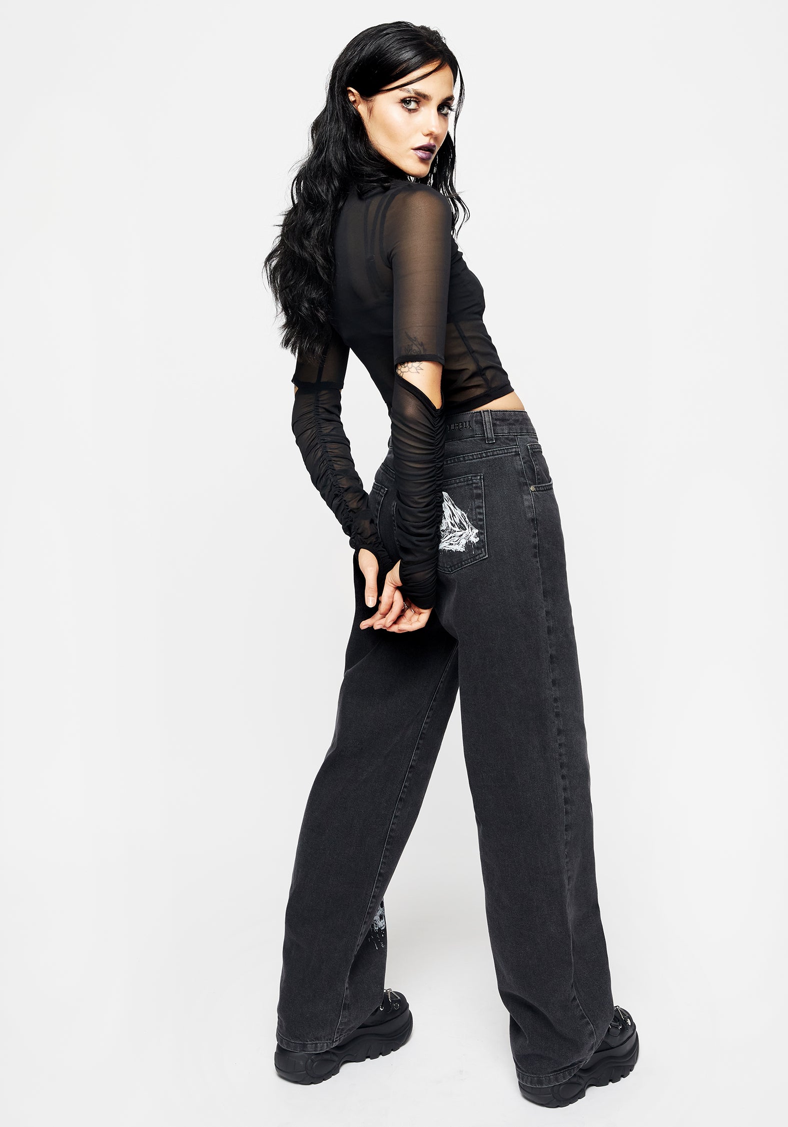 Black Washed Wide Leg Jeans with Grim Reaper Print | Reaper Denim