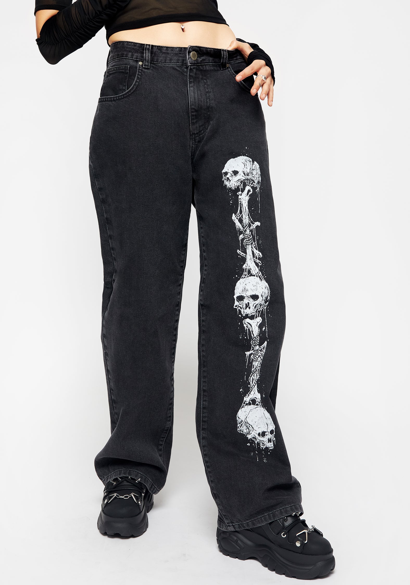 Black Washed Wide Leg Jeans with Grim Reaper Print | Reaper Denim