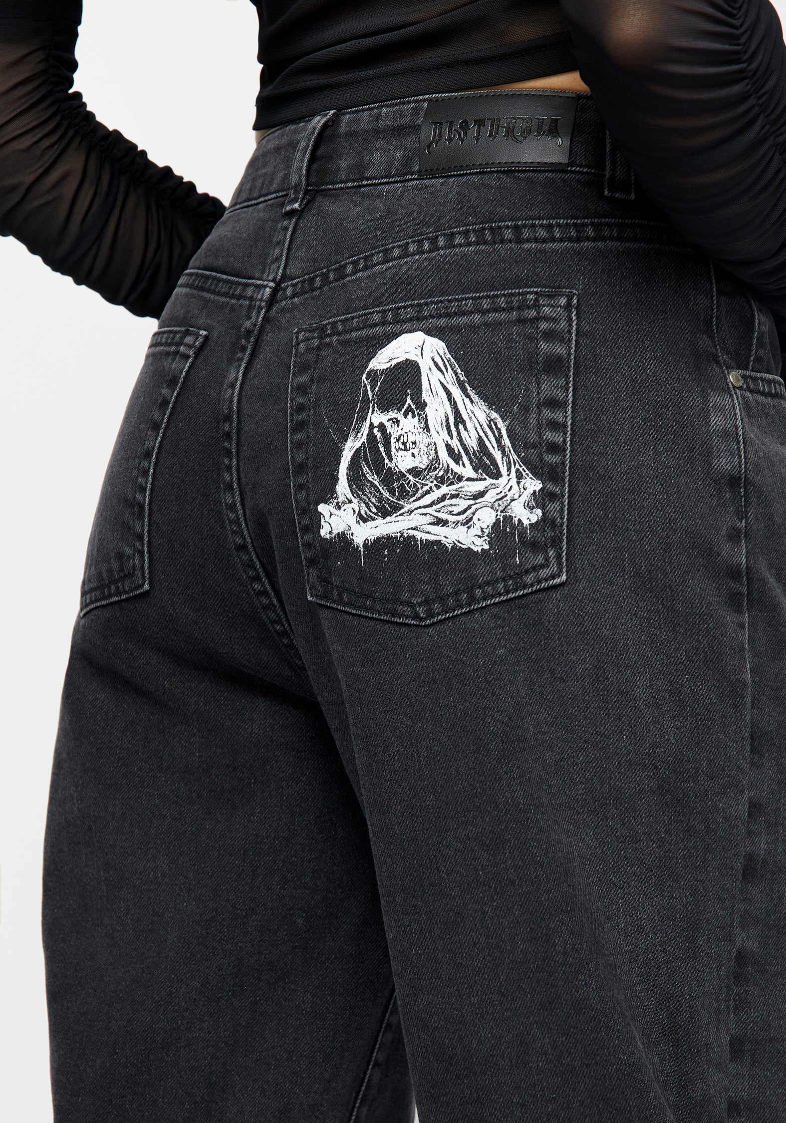Black Washed Wide Leg Jeans with Grim Reaper Print | Reaper Denim