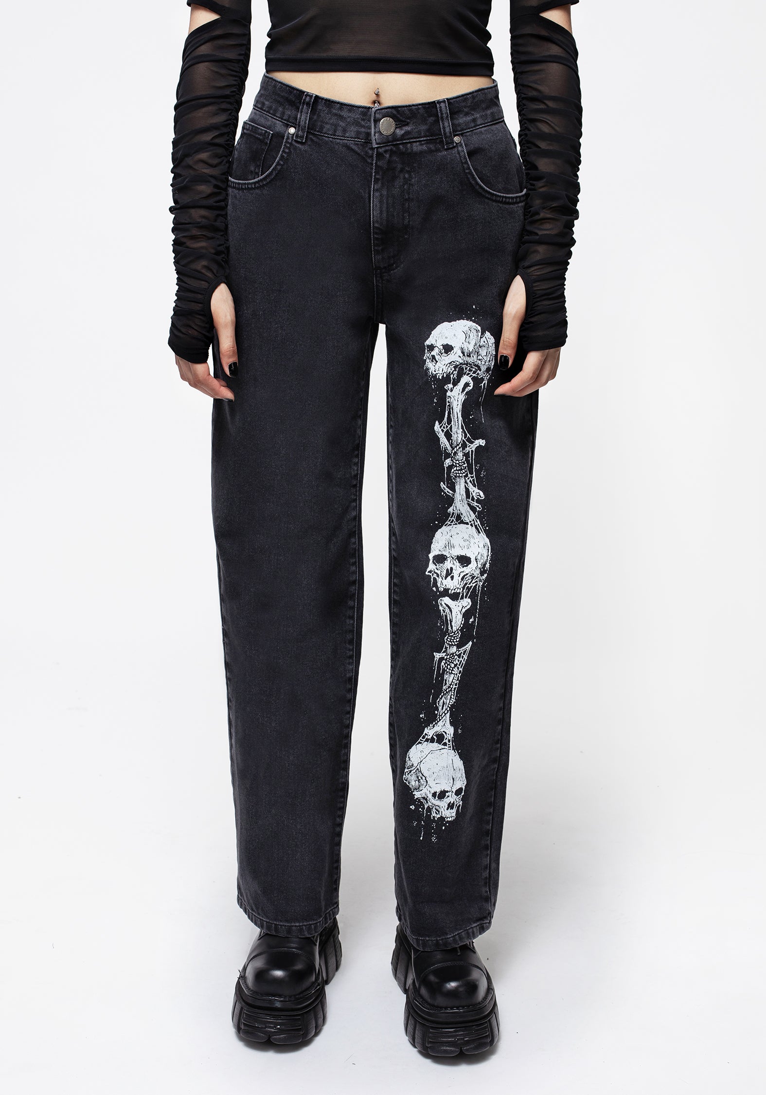 Black Washed Wide Leg Jeans with Grim Reaper Print | Reaper Denim