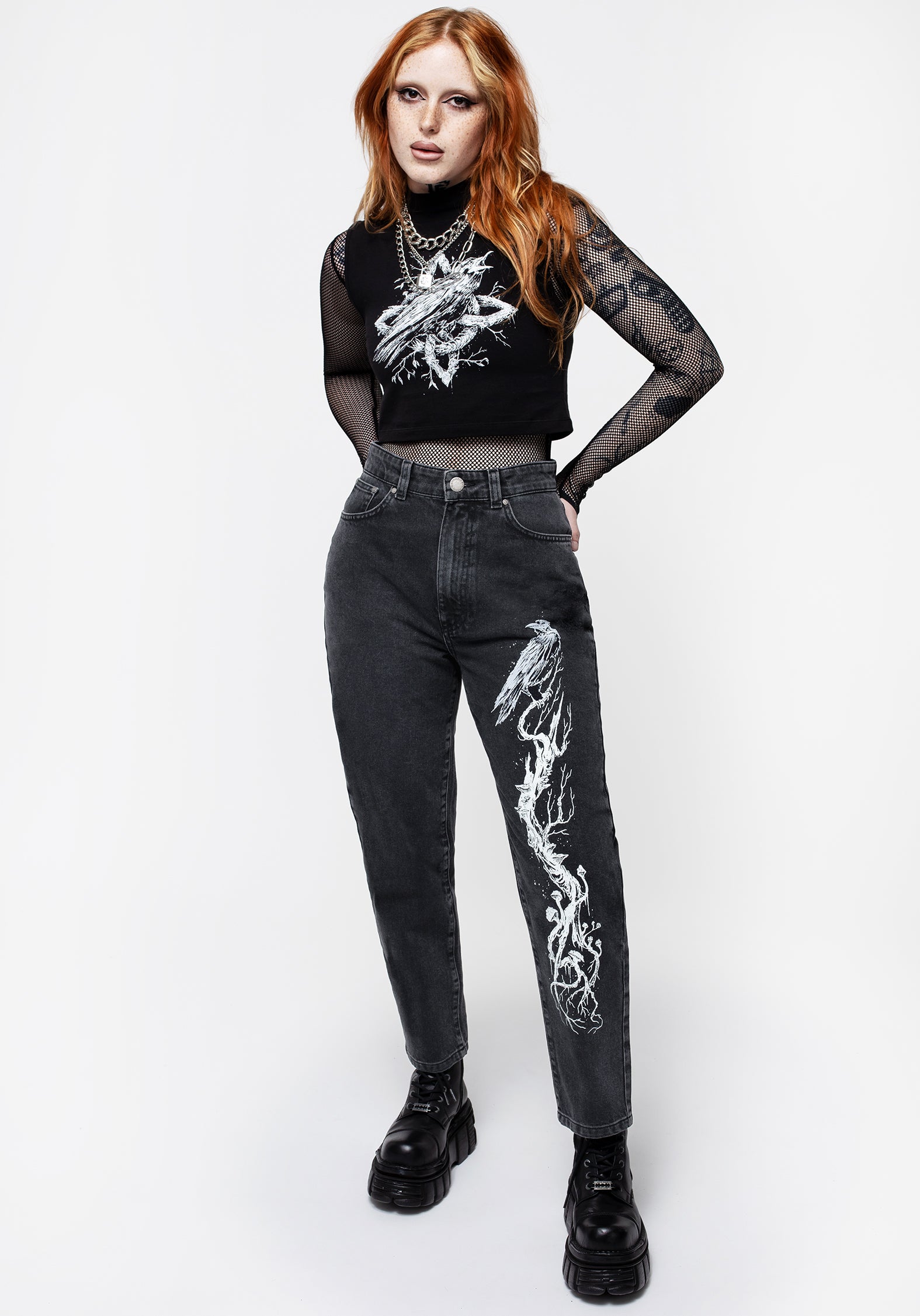 Black Washed Wide-Leg Mom Jeans with Graphic Print | Korun Riddick