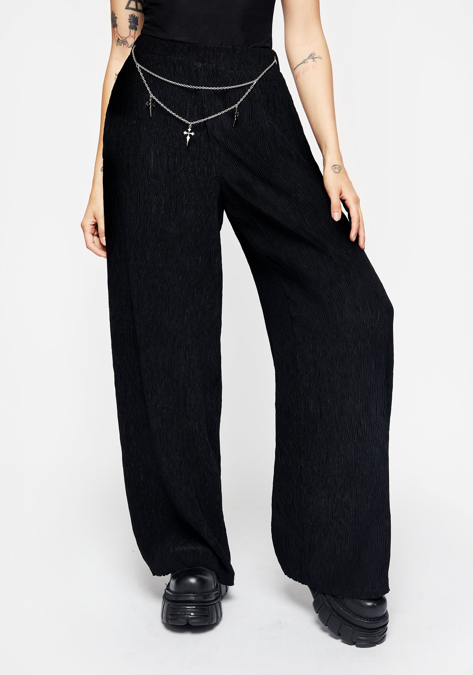 Crinkle Wide Leg Trousers with Ankh Charm Belt | Algea