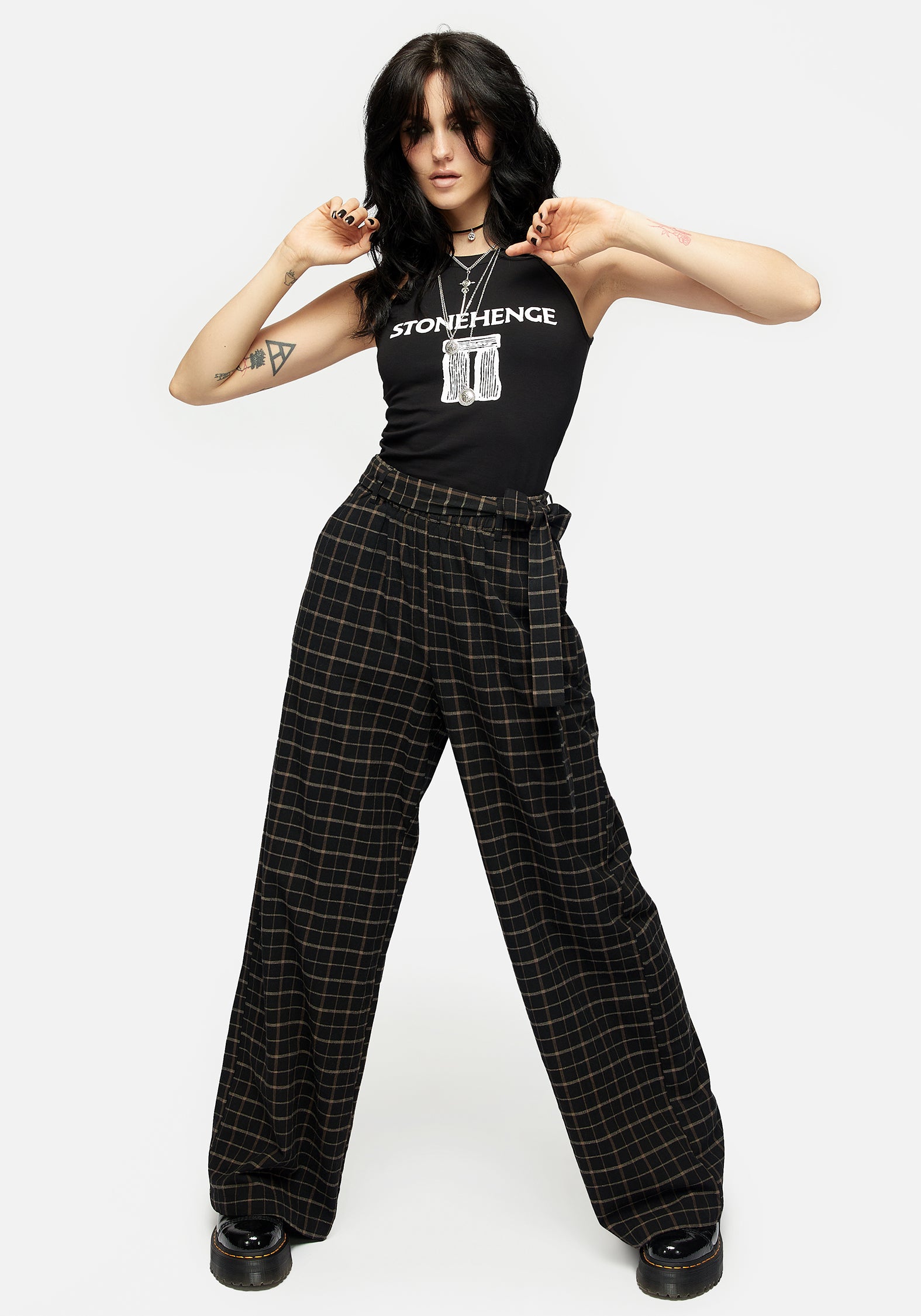 High-Rise Check Trousers with Tie Waist & Elastic Band | Ransom