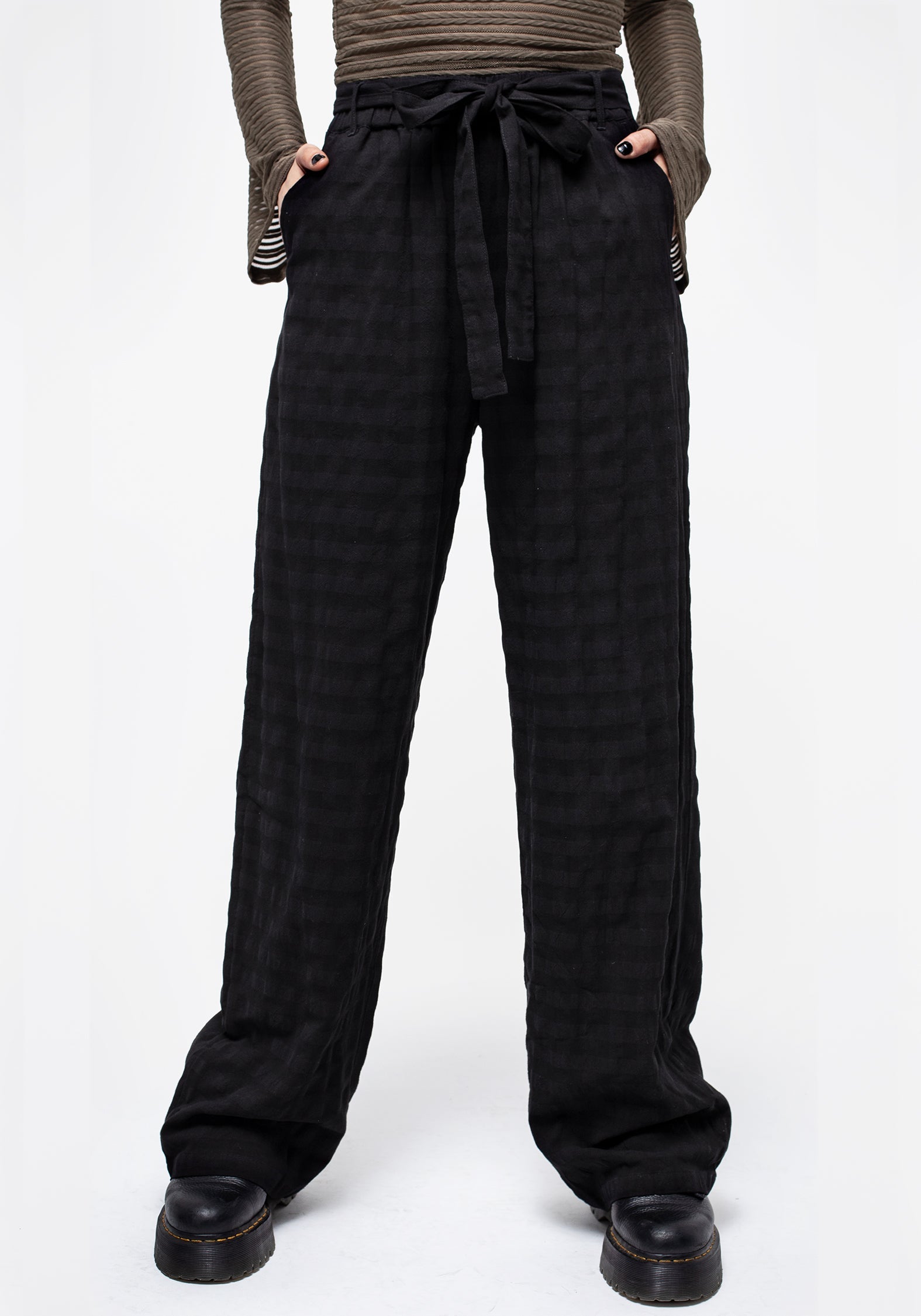 Black Gingham Check Wide Leg Trousers with Tie Waist | Lithium