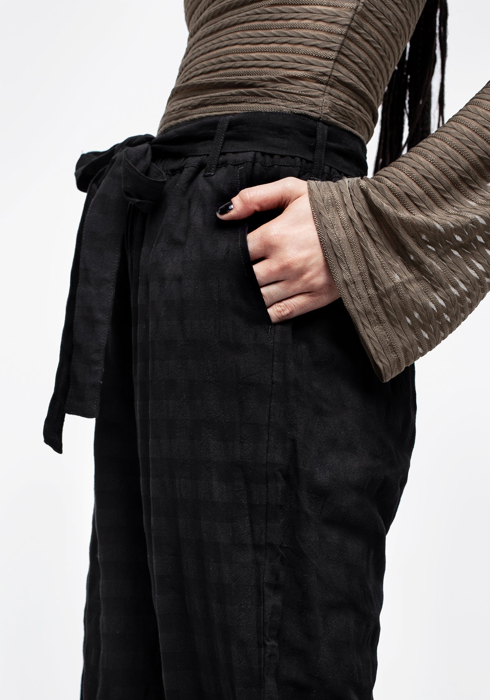 Black Gingham Check Wide Leg Trousers with Tie Waist | Lithium