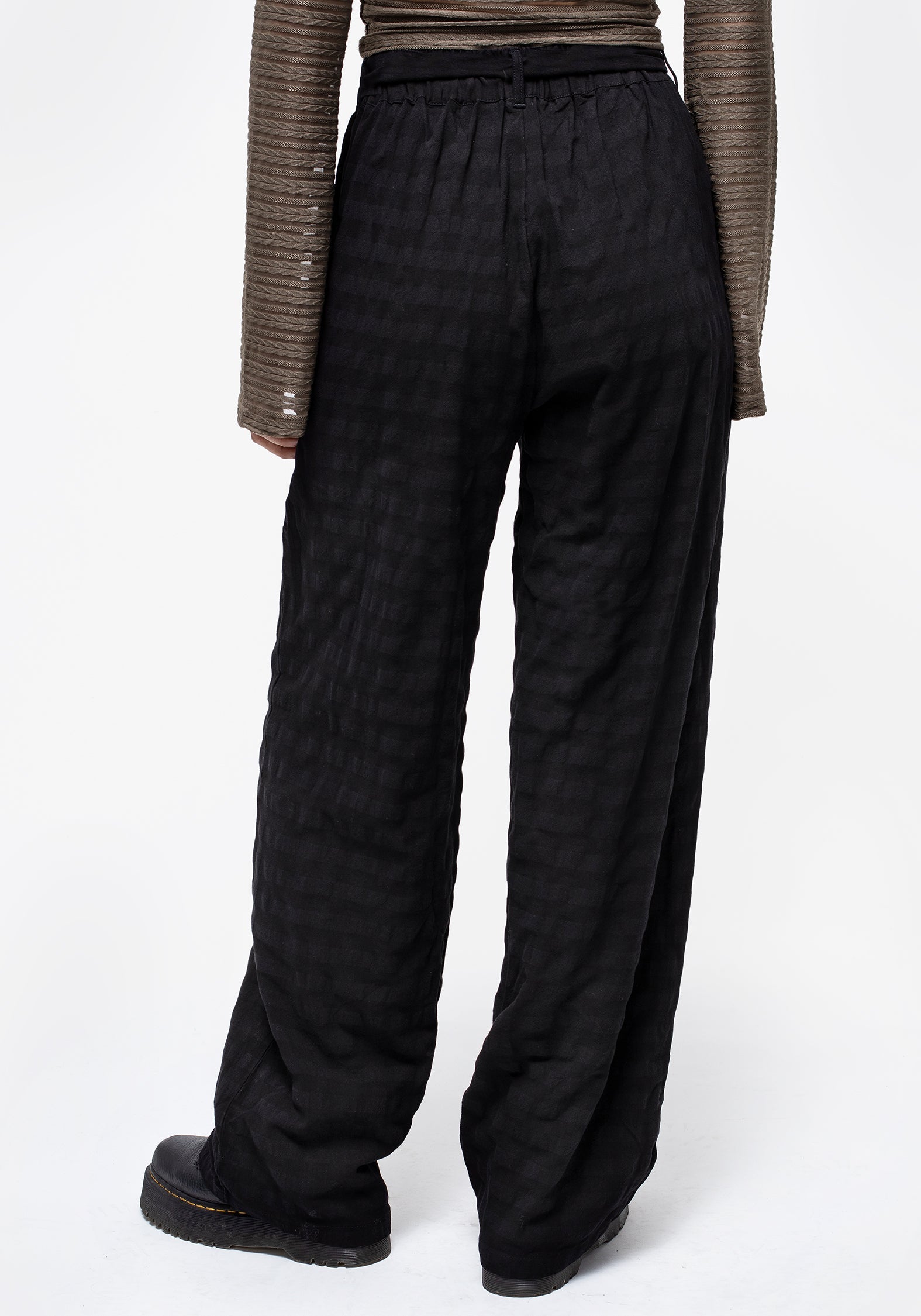 Black Gingham Check Wide Leg Trousers with Tie Waist | Lithium