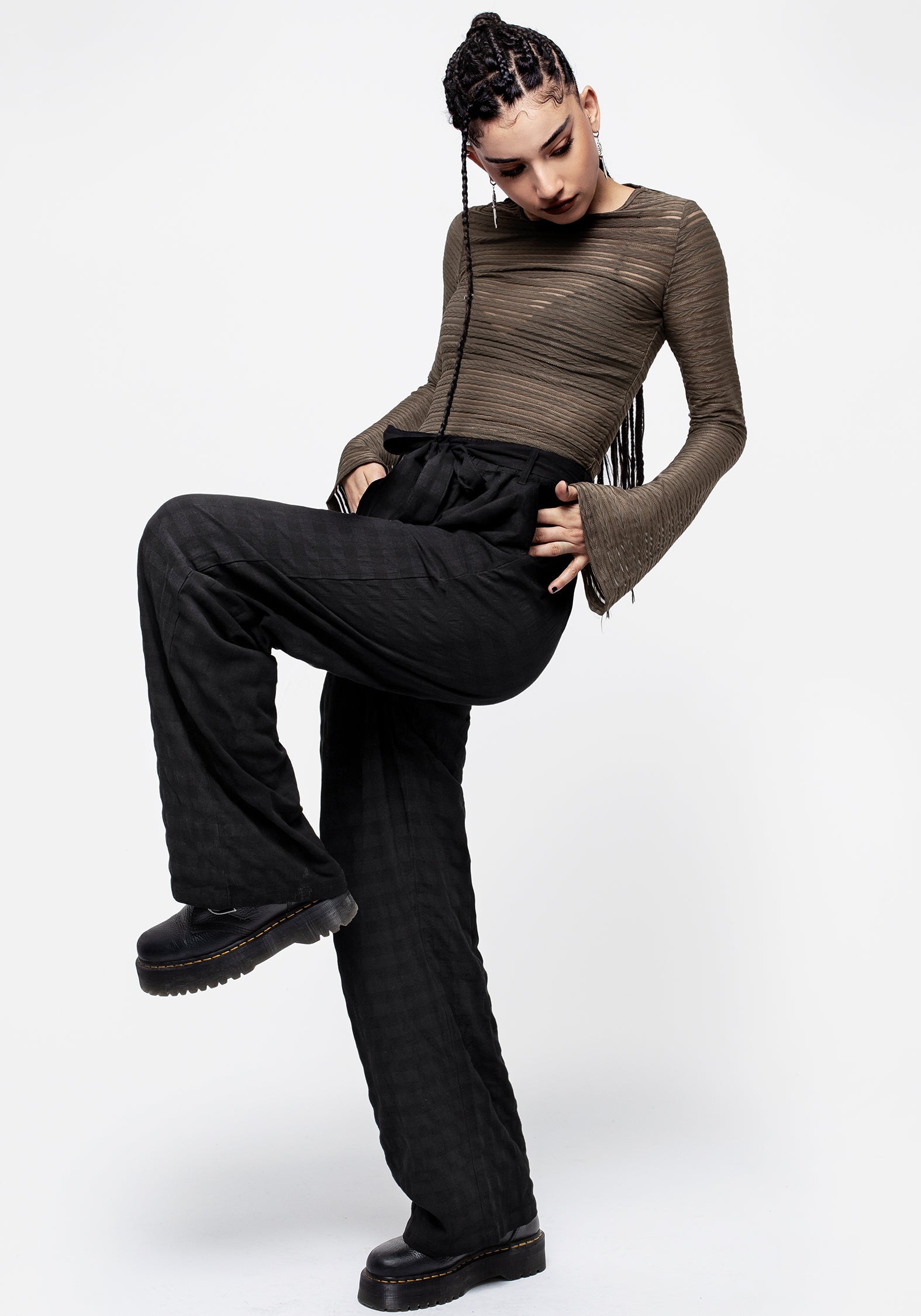 Black Gingham Check Wide Leg Trousers with Tie Waist | Lithium
