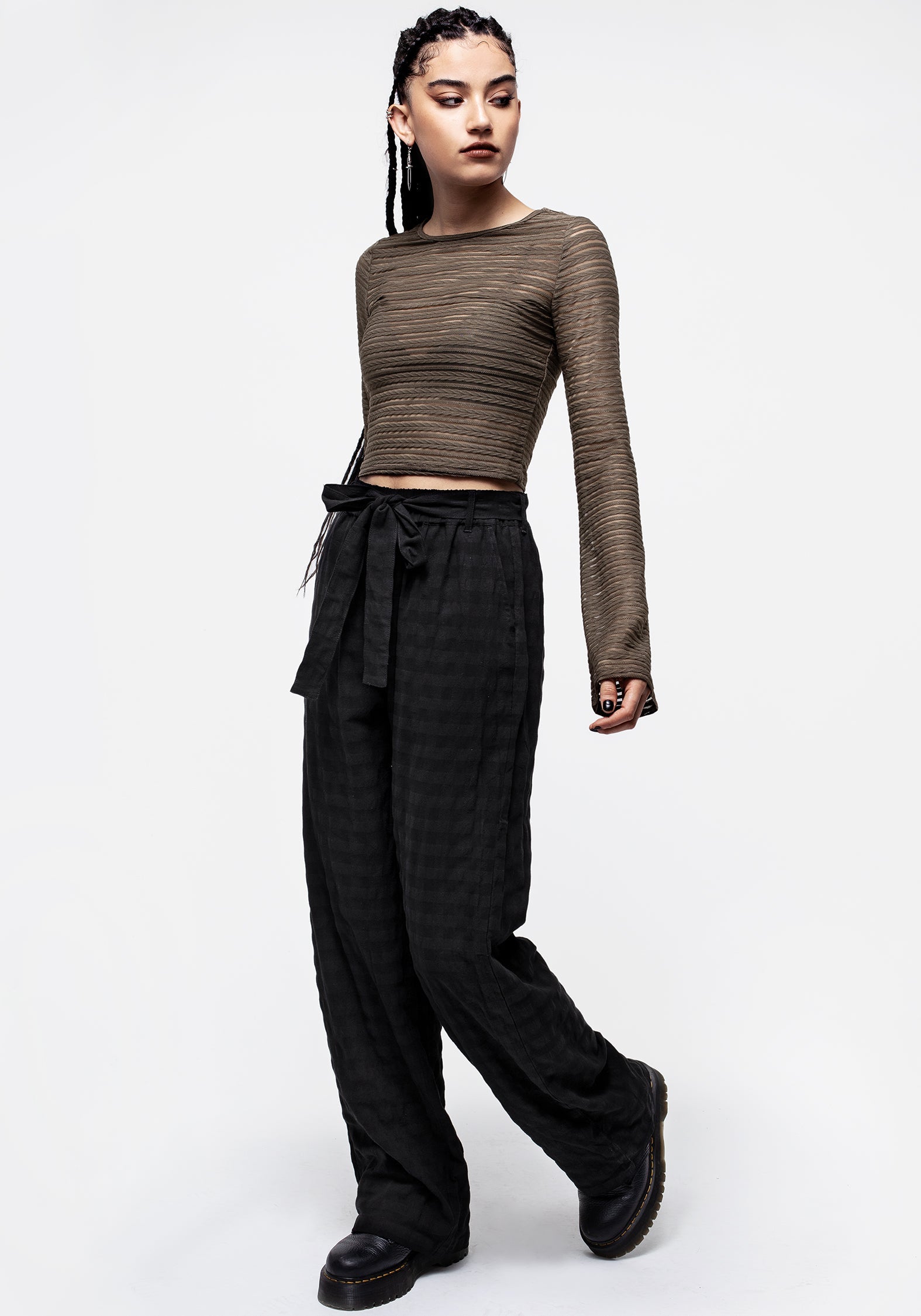 Black Gingham Check Wide Leg Trousers with Tie Waist | Lithium