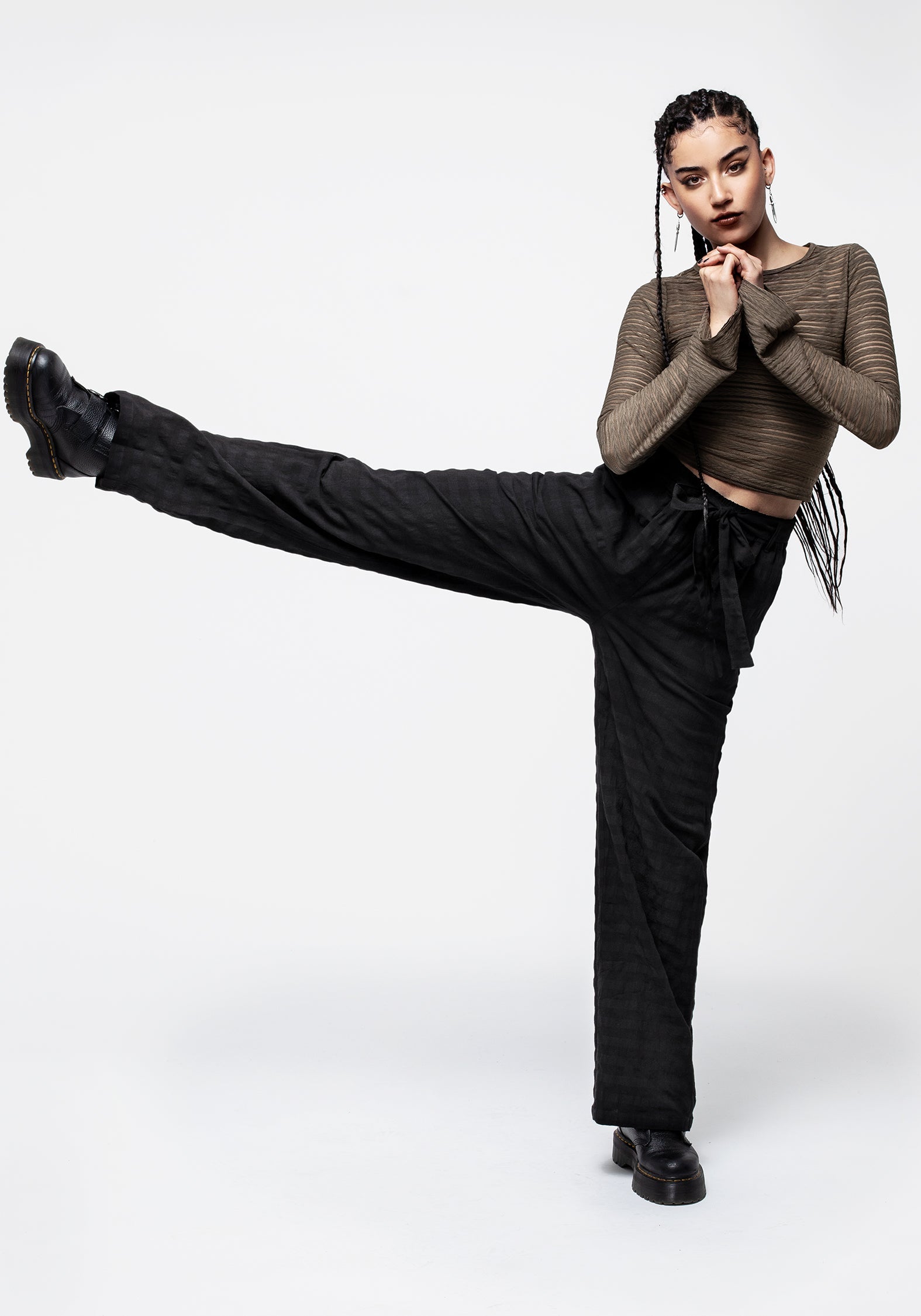 Black Gingham Check Wide Leg Trousers with Tie Waist | Lithium
