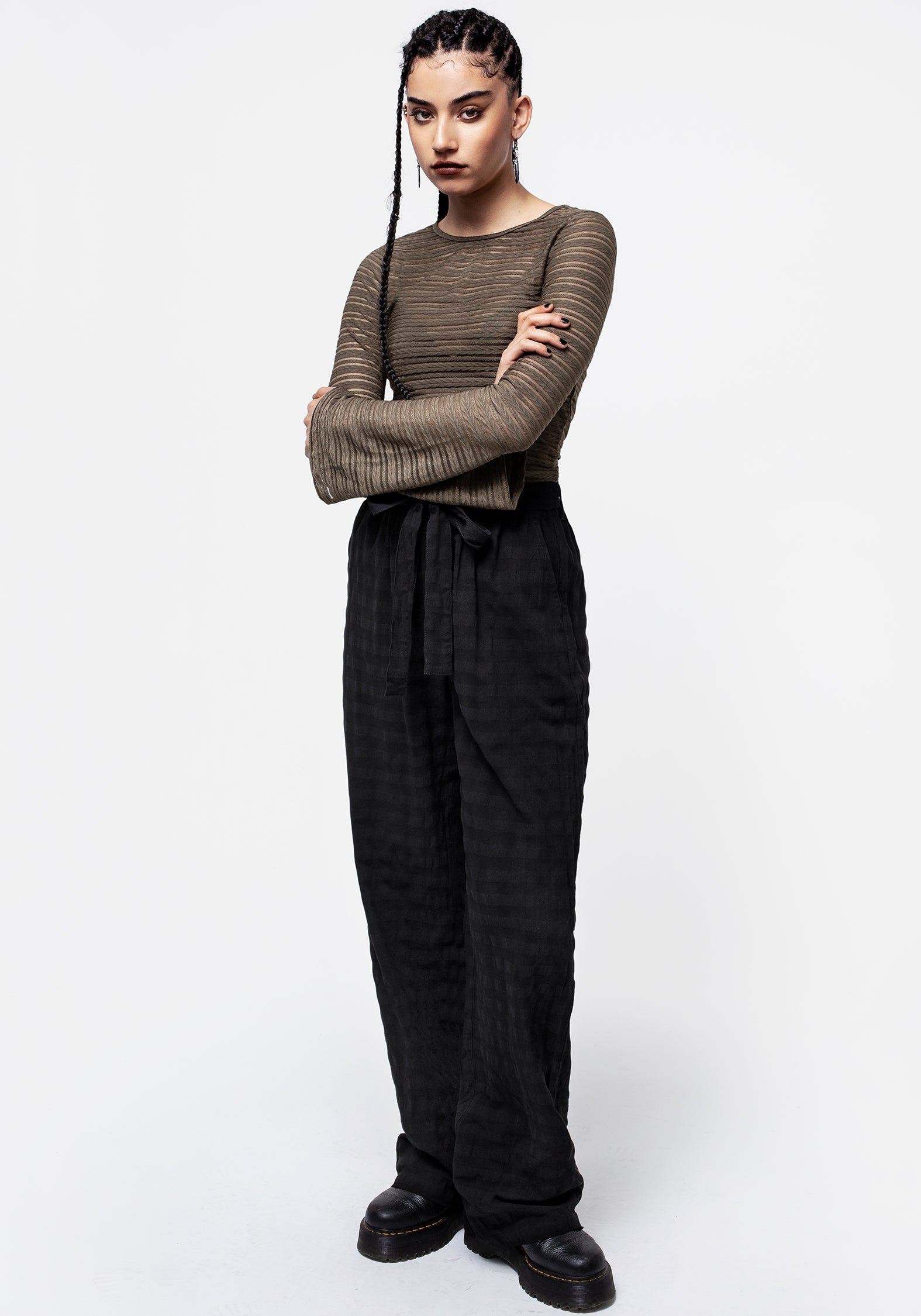 Black Gingham Check Wide Leg Trousers with Tie Waist | Lithium