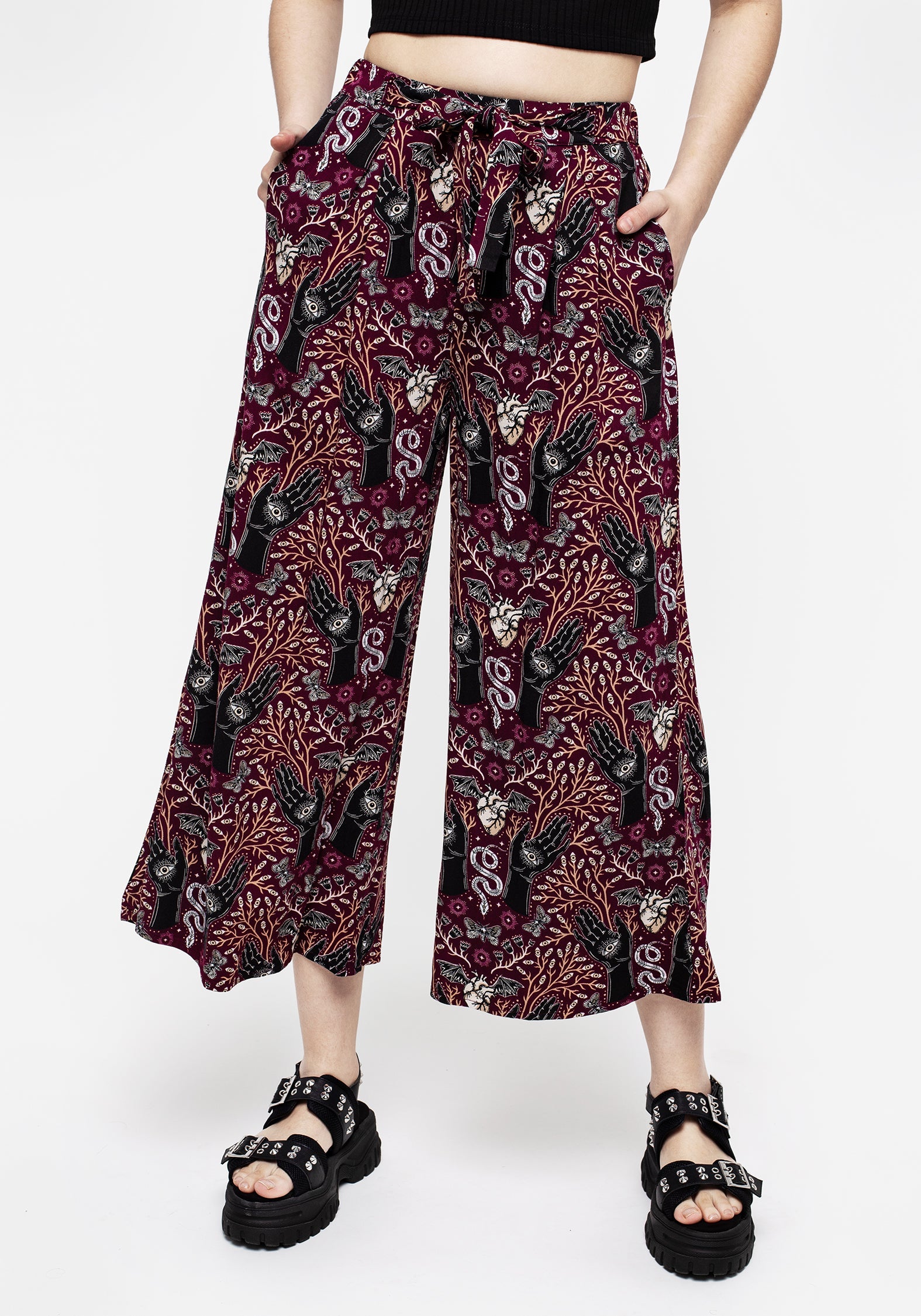 Burgundy Print Tie-Waist Culottes for Women | Witchy Floral Pants