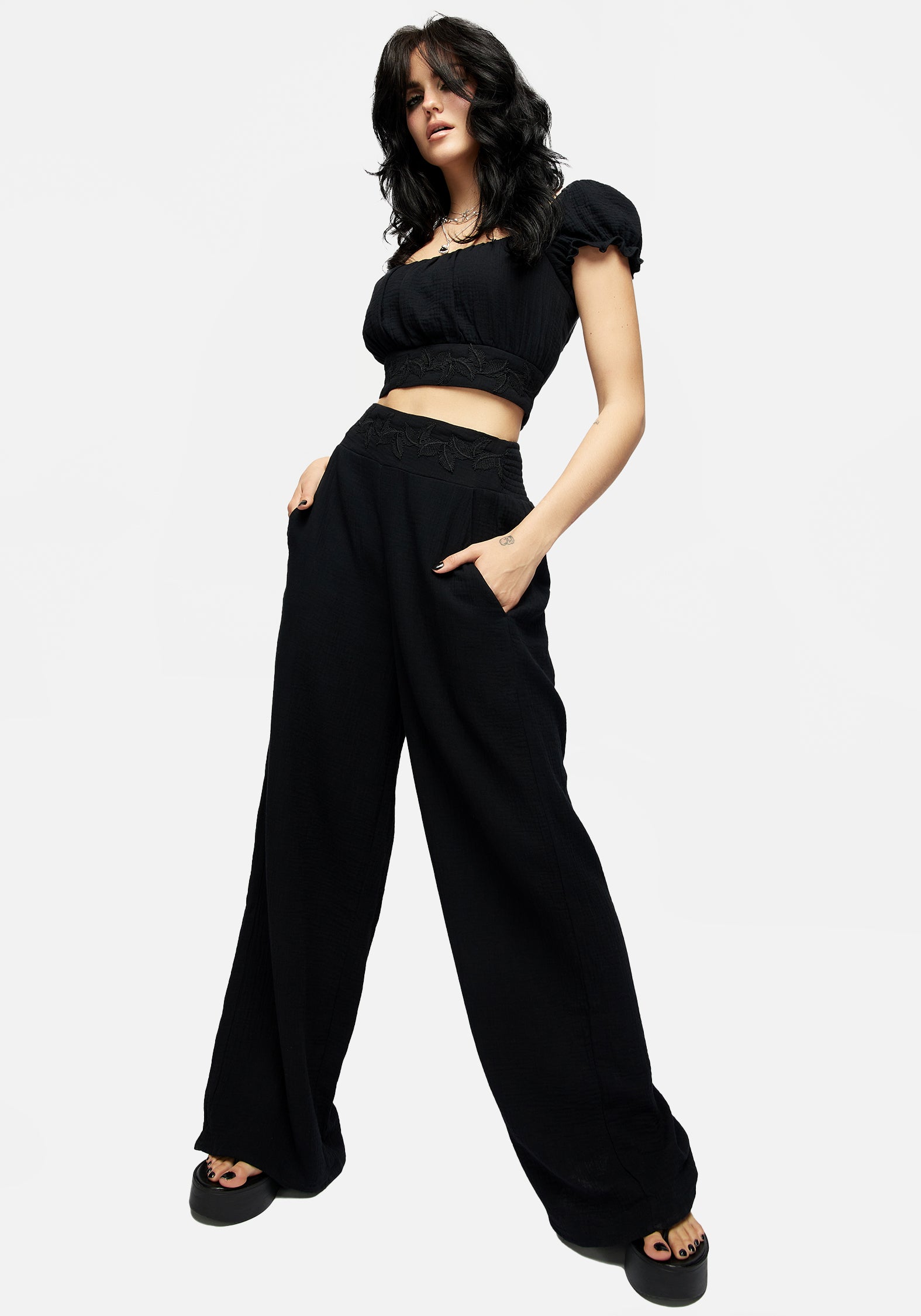 Black Textured Wide Leg Trousers with Pockets | High-Rise & Comfortable