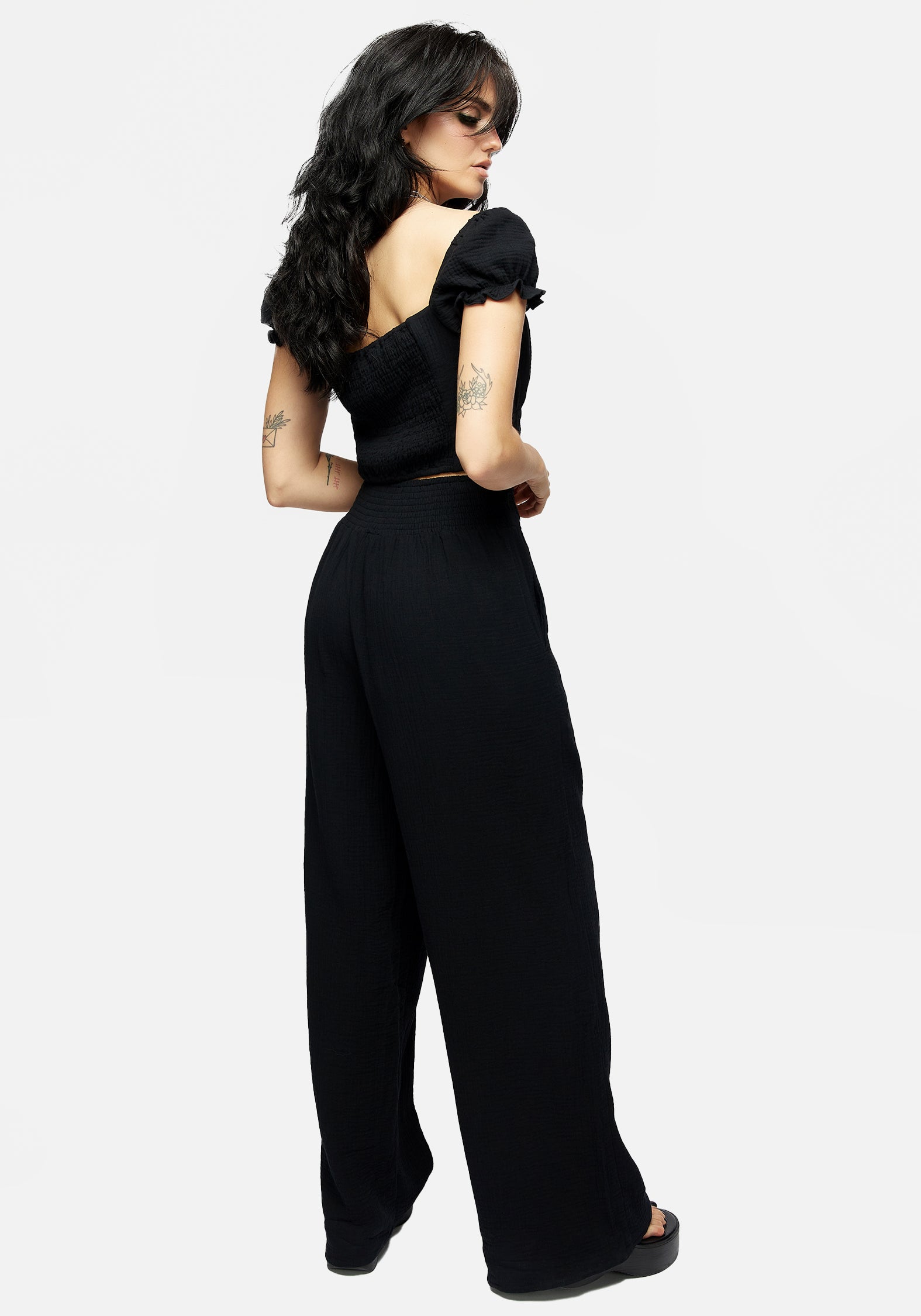 Black Textured Wide Leg Trousers with Pockets | High-Rise & Comfortable