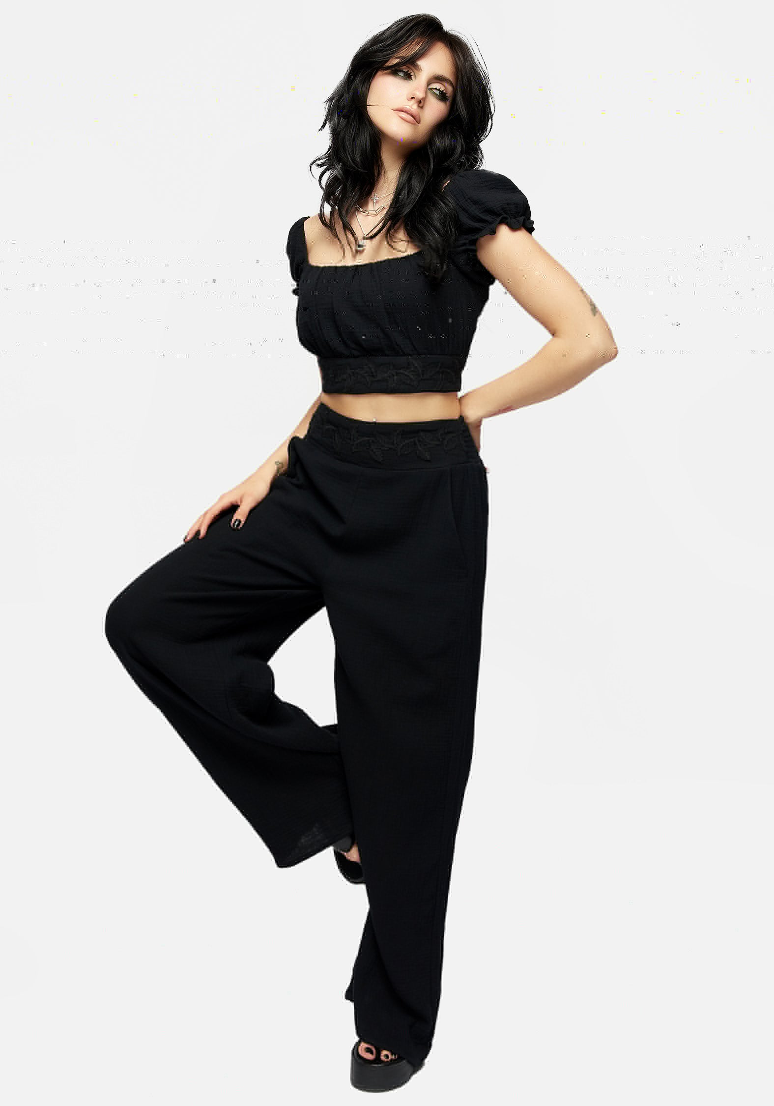 Black Textured Wide Leg Trousers with Pockets | High-Rise & Comfortable