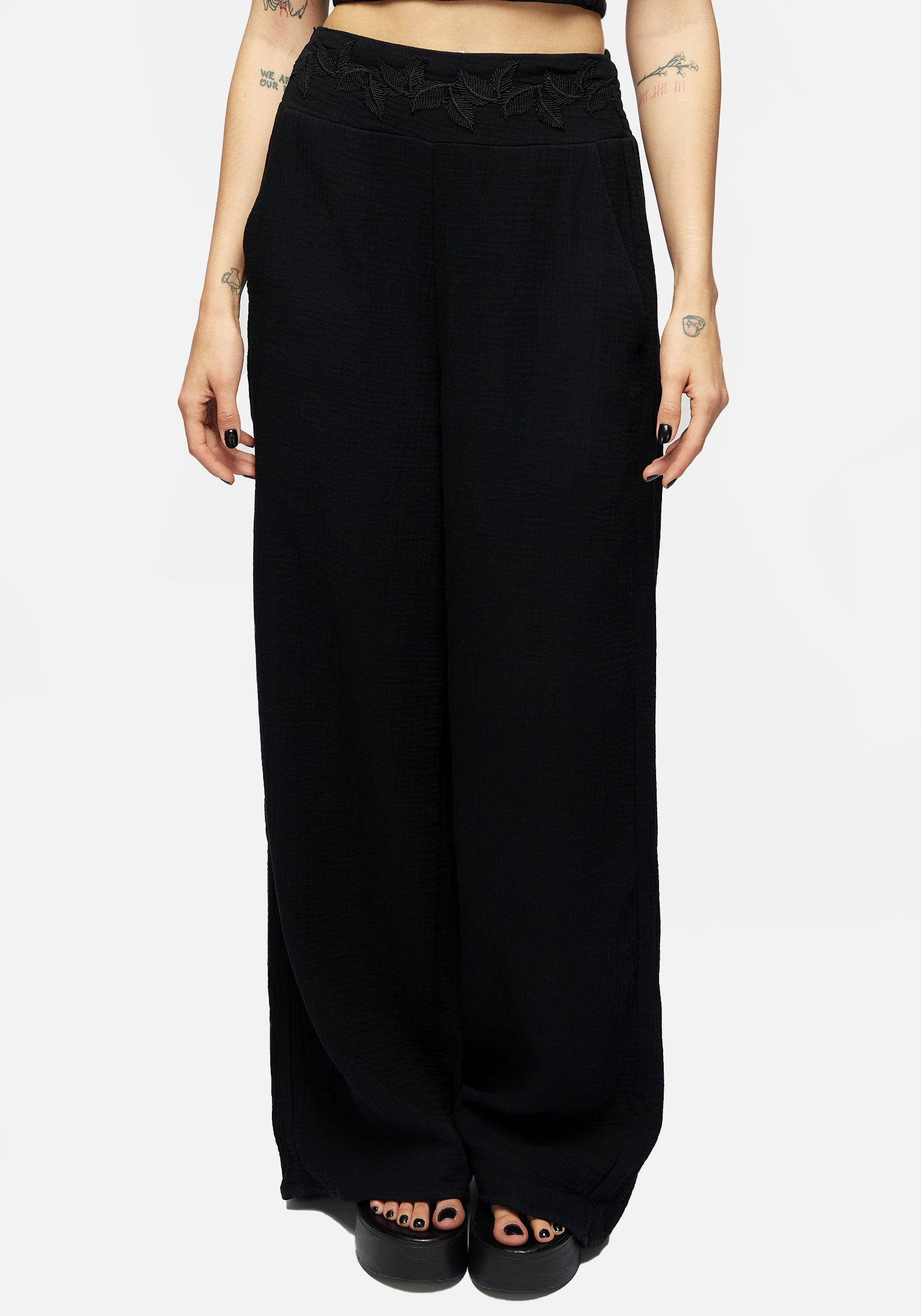 Black Textured Wide Leg Trousers with Pockets | High-Rise & Comfortable
