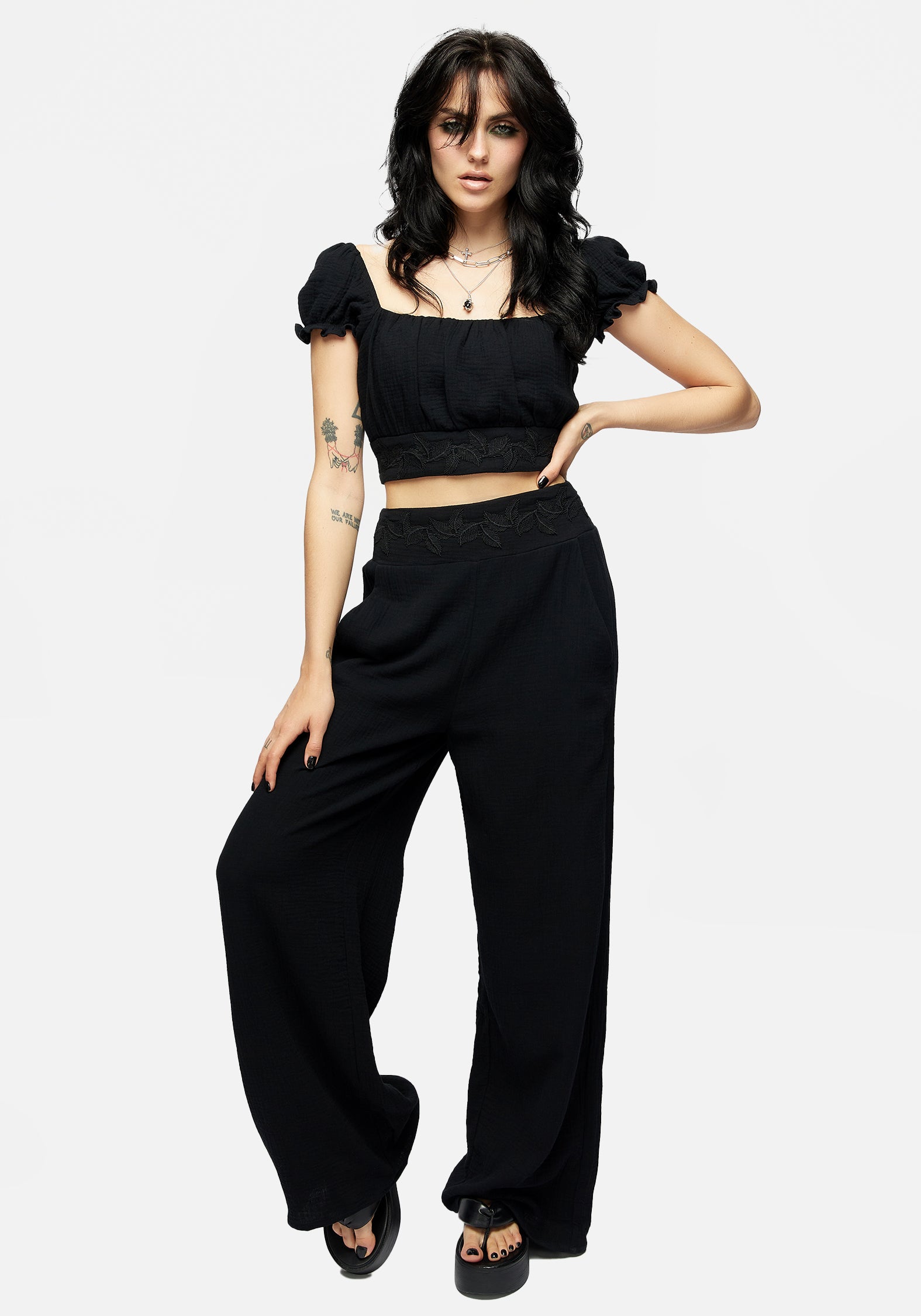 Black Textured Wide Leg Trousers with Pockets | High-Rise & Comfortable