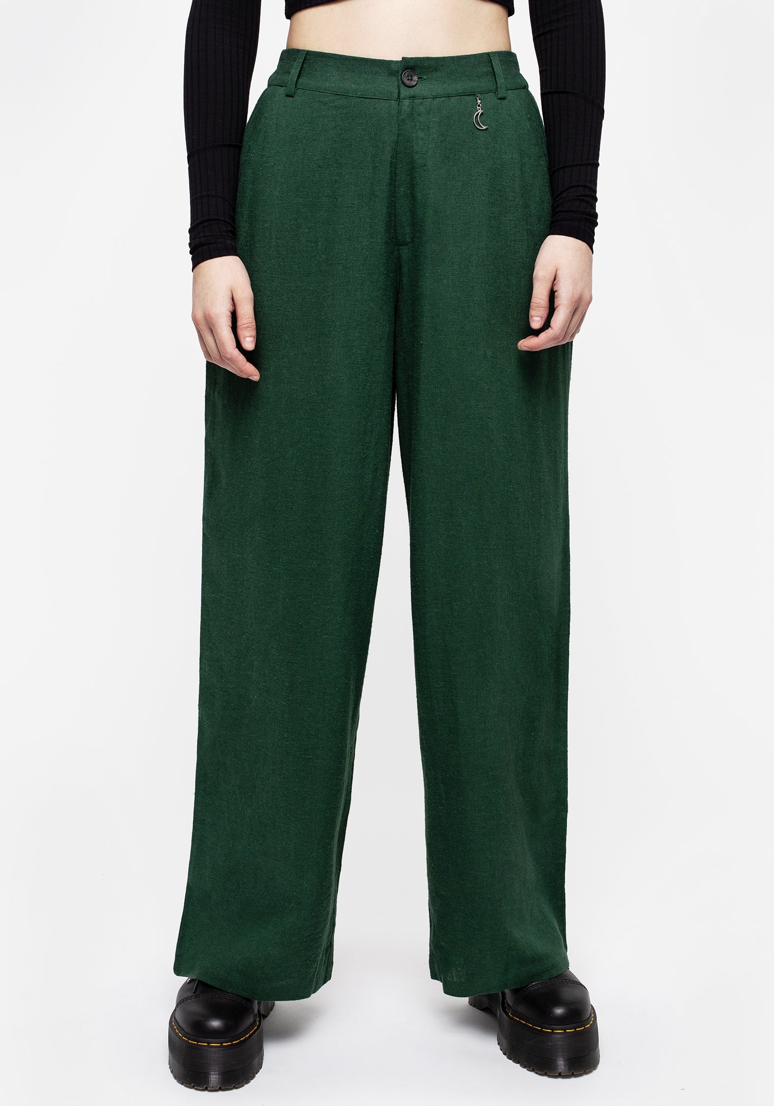 Green Wide Leg Linen Blend Trousers with Moon Charm | Oberon