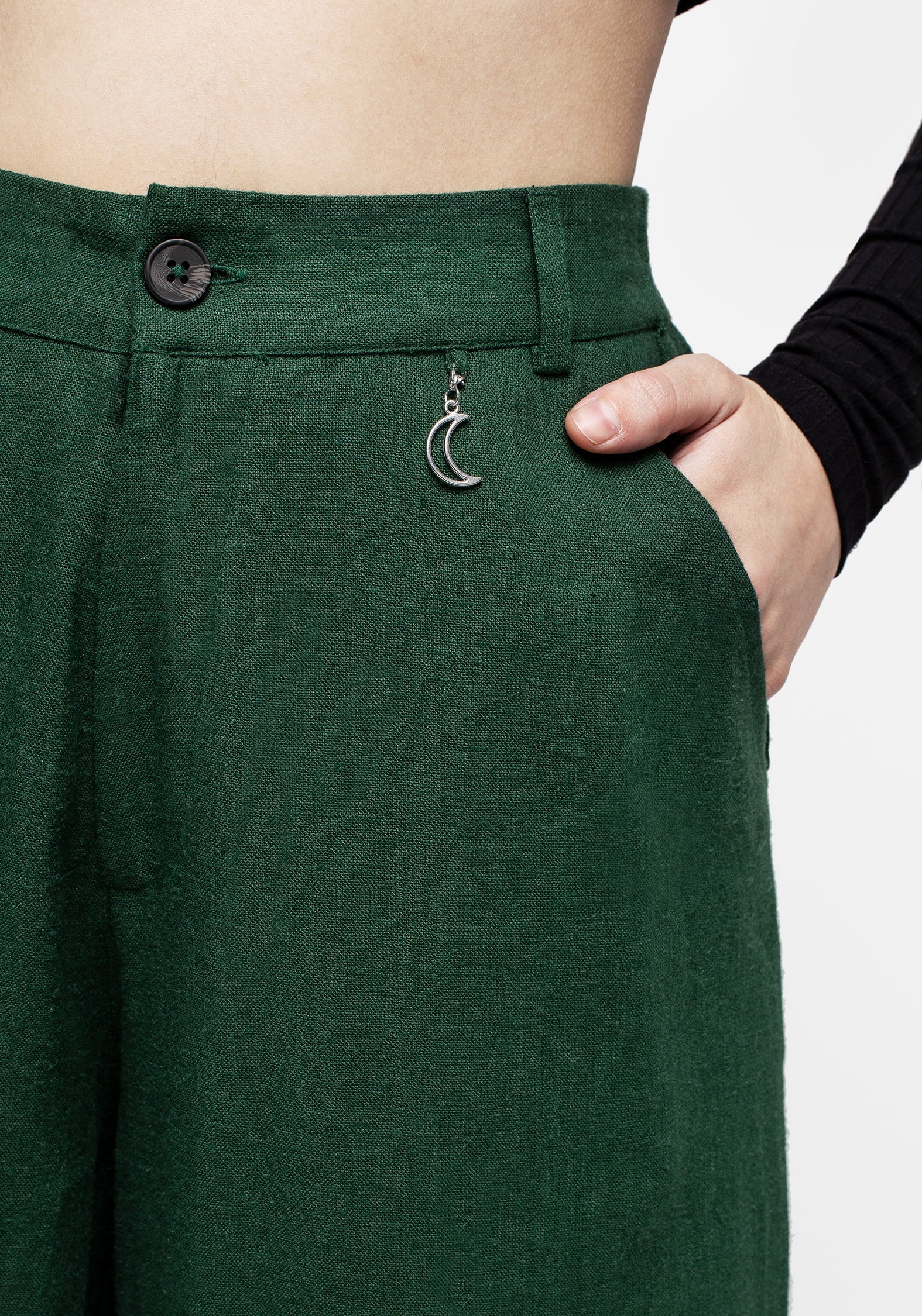 Green Wide Leg Linen Blend Trousers with Moon Charm | Oberon