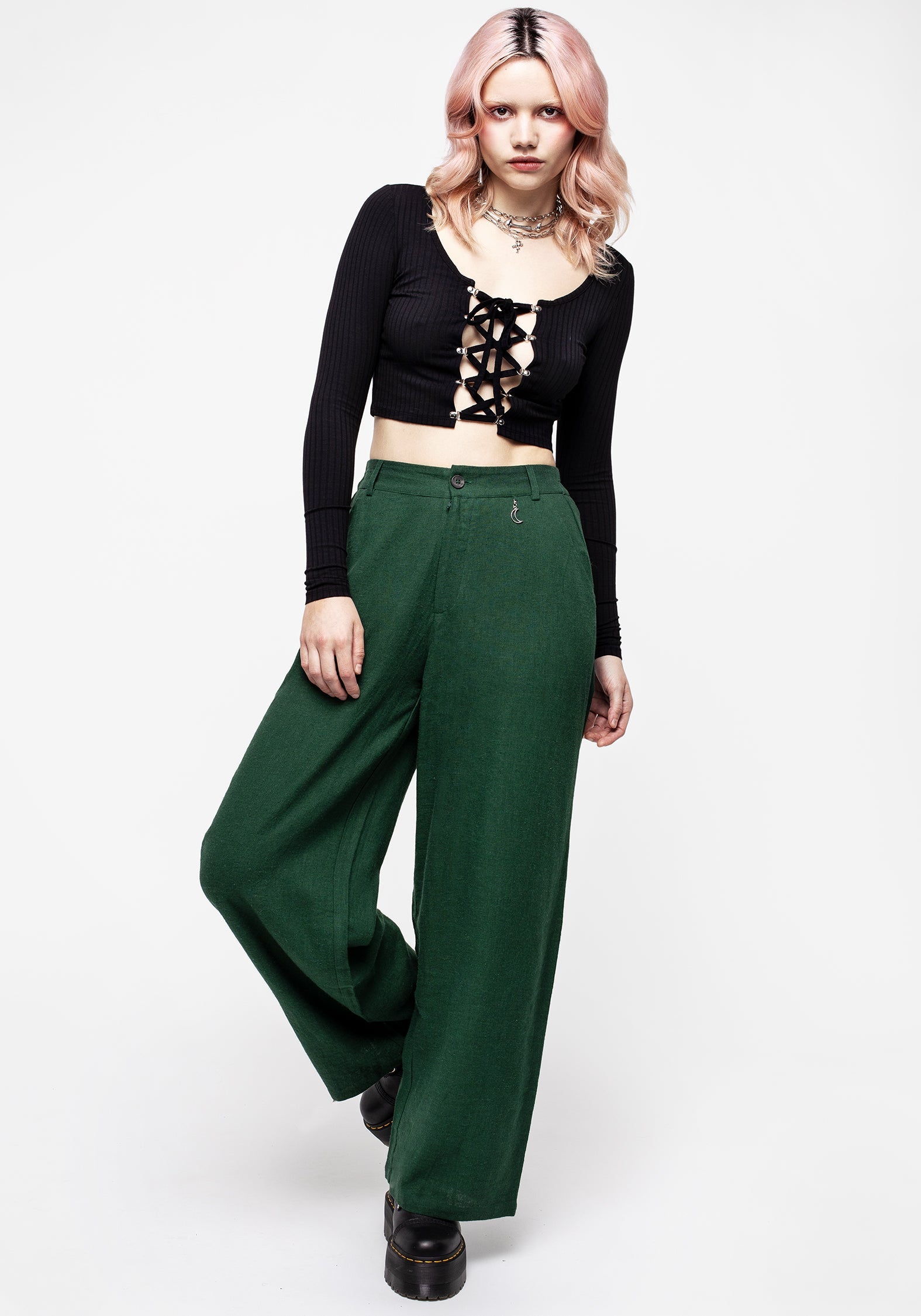 Green Wide Leg Linen Blend Trousers with Moon Charm | Oberon